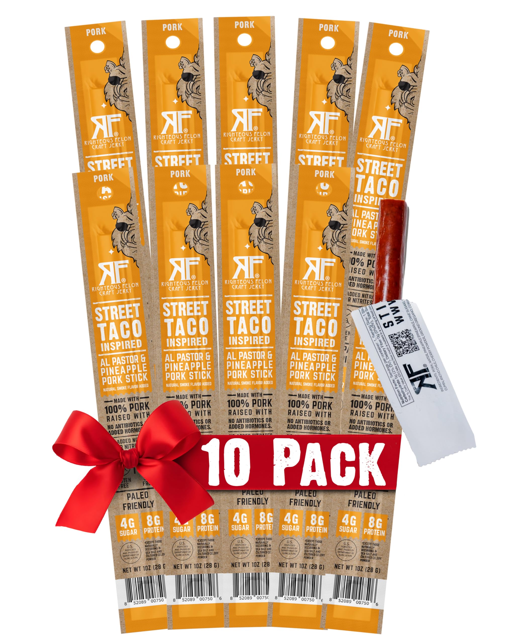 Righteous Felon Meat Sticks | 100% Pork Sticks | Gluten Free & Keto Meat Sticks | Low Sugar & High Protein Pork Sticks | Healthy Snack for Adults | Jerky Gifts for Men | Street Taco, 10 Pack