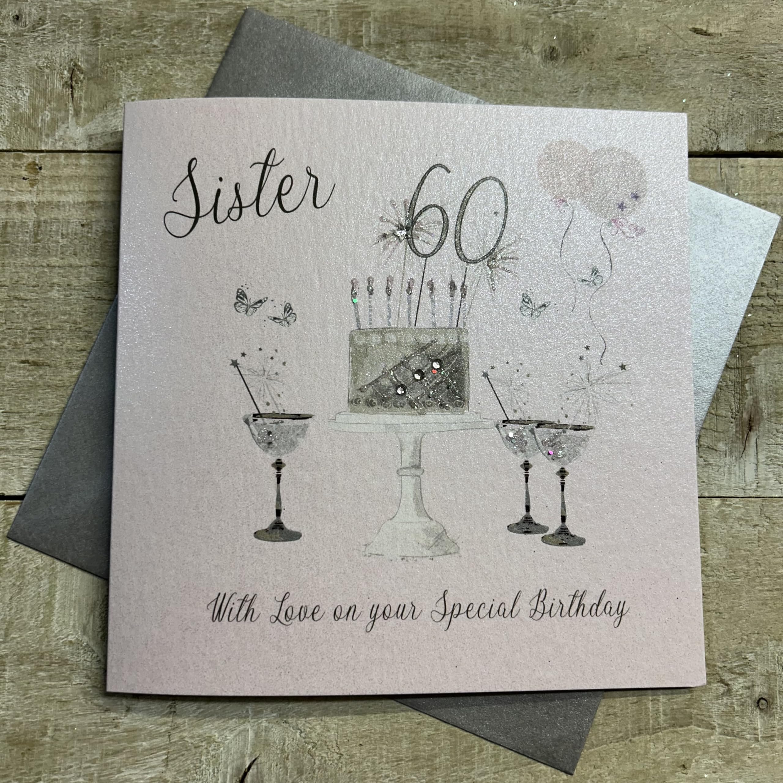 Happy 60th Birthday Card Sister Champagne Glasses Pink Roses by White Cotton Cards SS42-S60,16cm x 16cm