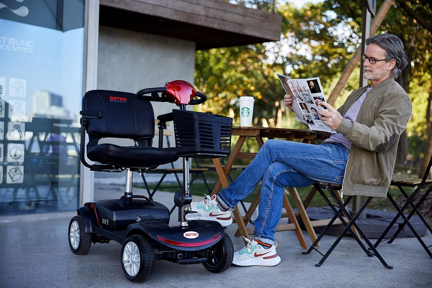 Metro Mobility Compact Travel Electric Power Mobility Scooter for Adults - 265 lbs Max Weight, 4 Wheel, 18 in Width Thick Leather Seats, Large Capacity Lead-Acid Battery - Red : Health & Household