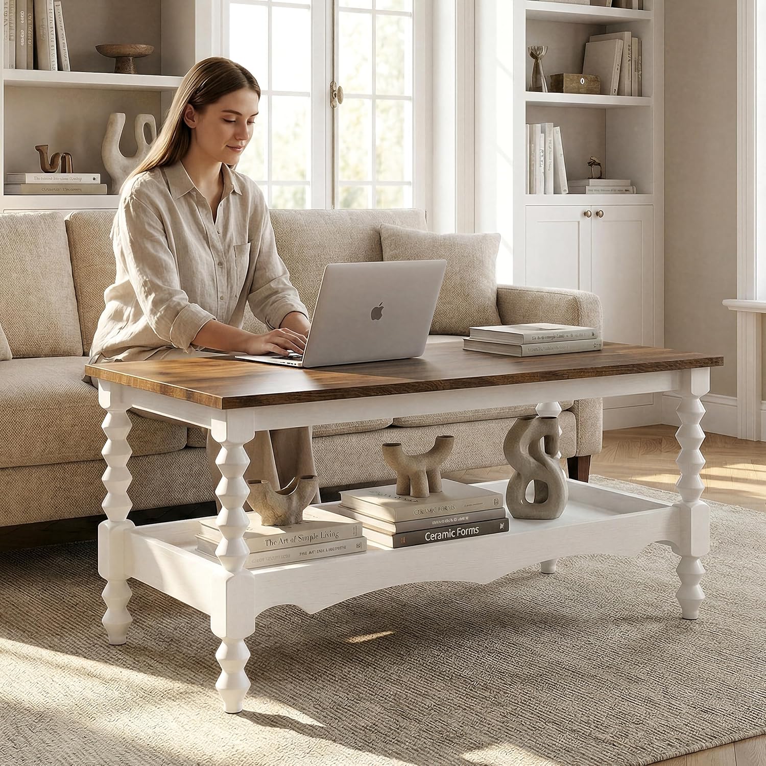 YOSHOOT 42" Farmhouse Coffee Table with Storage - Small Coffee Tables for Living Room Bedroom, 2-Tier Center Table with Solid Wood Legs and Thickened Top, White