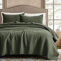 WDCOZY 100% Cotton King Quilt Set Olive Green Striped - Soft Breathable Farmhouse Bedspread, Shabby Chic Gauze Coverlet, 3 Pieces Lightweight All-Season