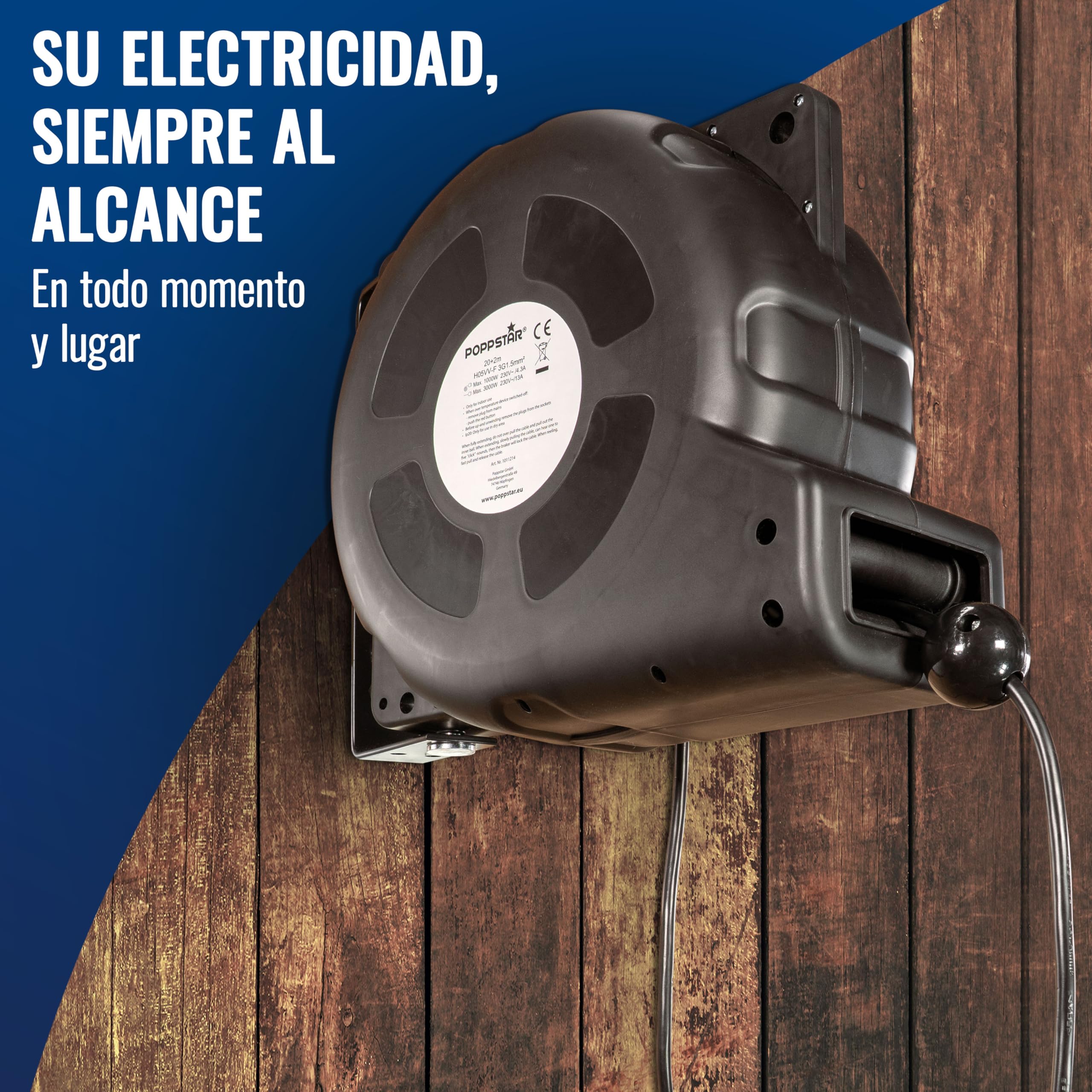 Poppstar Enrollador de cable automático 20m + 2m (máx. 3000W) Carrete de cable automático autoenrollable IP20 con interruptor de protección térmica