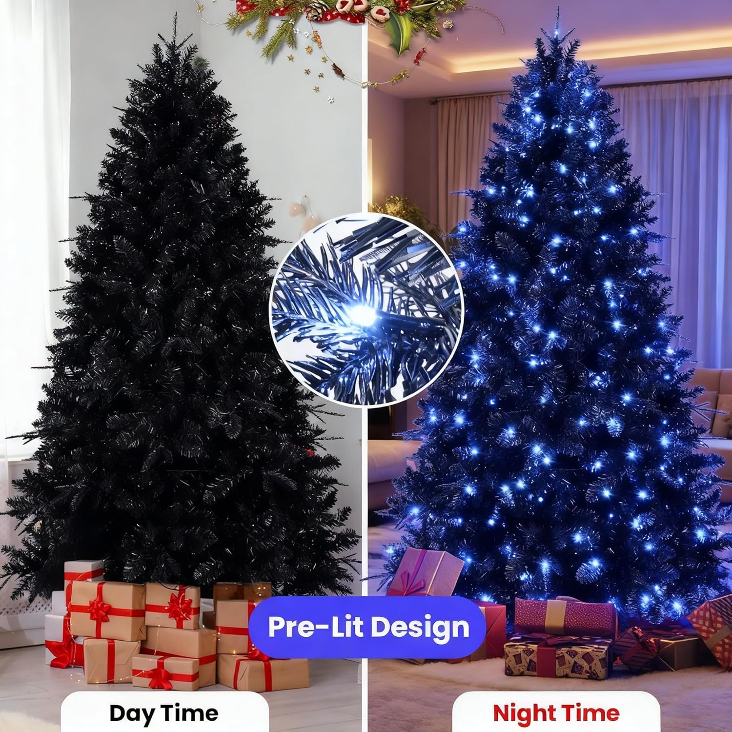 7.5ft prelit black christmas tree, artificial fake hinged xmas tree with 500 white lights,2156pe/pvc branches,4-parts hinged structure,metal fixed bracket – ideal for christmas party & holiday decor. 7ft 6in