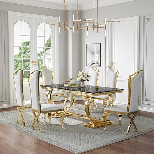 Miniatura 12 de Juego de mesa de comedor de mármol sintético de 70 pulgadas para 6, mesa de cocina grande y sillas de cuero sintético blanco, mesas de comedor Plata