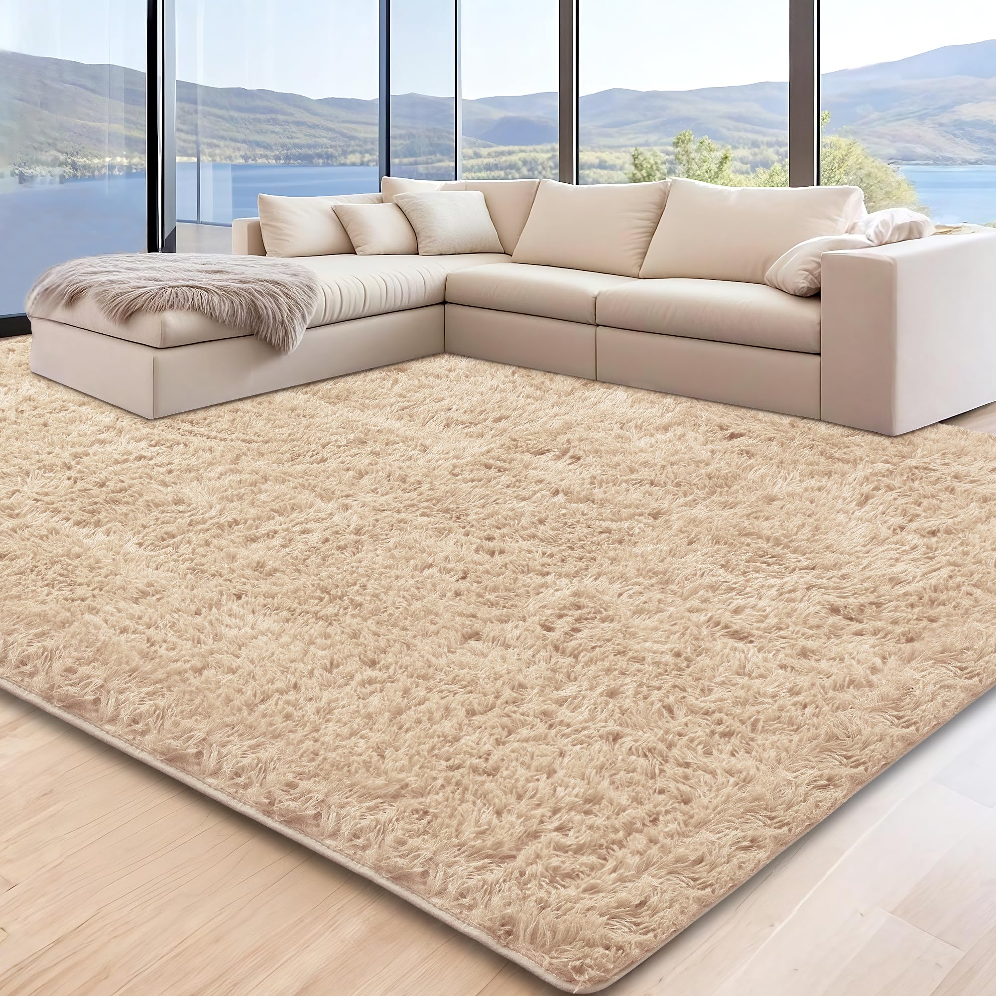 5x7 Beige Area Rugs for Living Room, Fluffy Shag Rug for Bedroom Boys Kids Nursery Rooms, Ultra Soft Comfy, Fuzzy Shaggy Plush Carpet for Girls Teen Dorm Indoor Home Decor, Upgrade Non-Slip