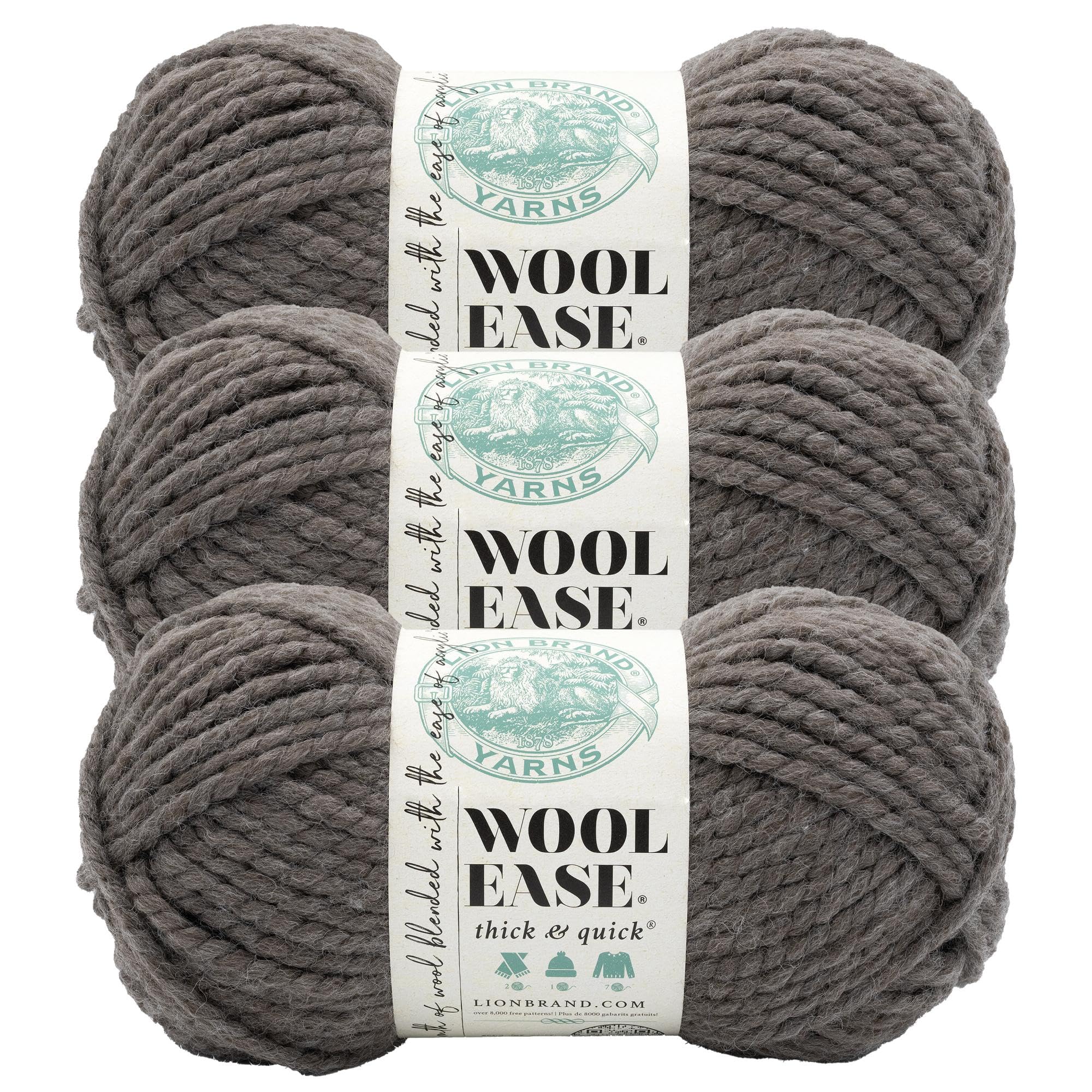 Lion Brand Yarn, Wool-Ease Thick &amp; Quick Yarn, Teak, Gray Brown, 3 Pack
