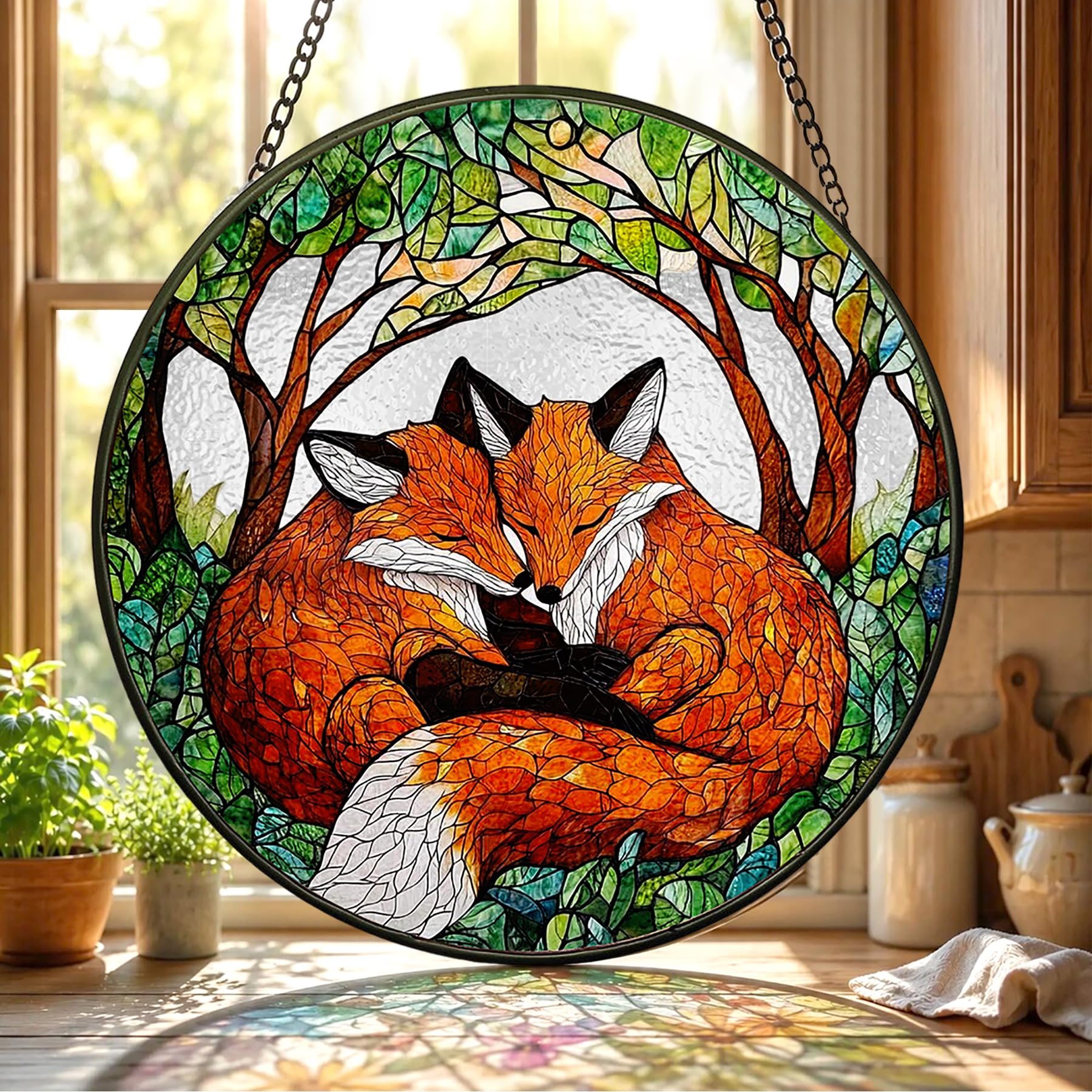 Bimkole Stained Glass Window Hanging Fox- Indoor Window or Doorway Sun Catchers Home Decoration - Animal Suncatcher Decor for Birthday for Women, Men, Wife, Lovers, and Mom 20 x 20 cm
