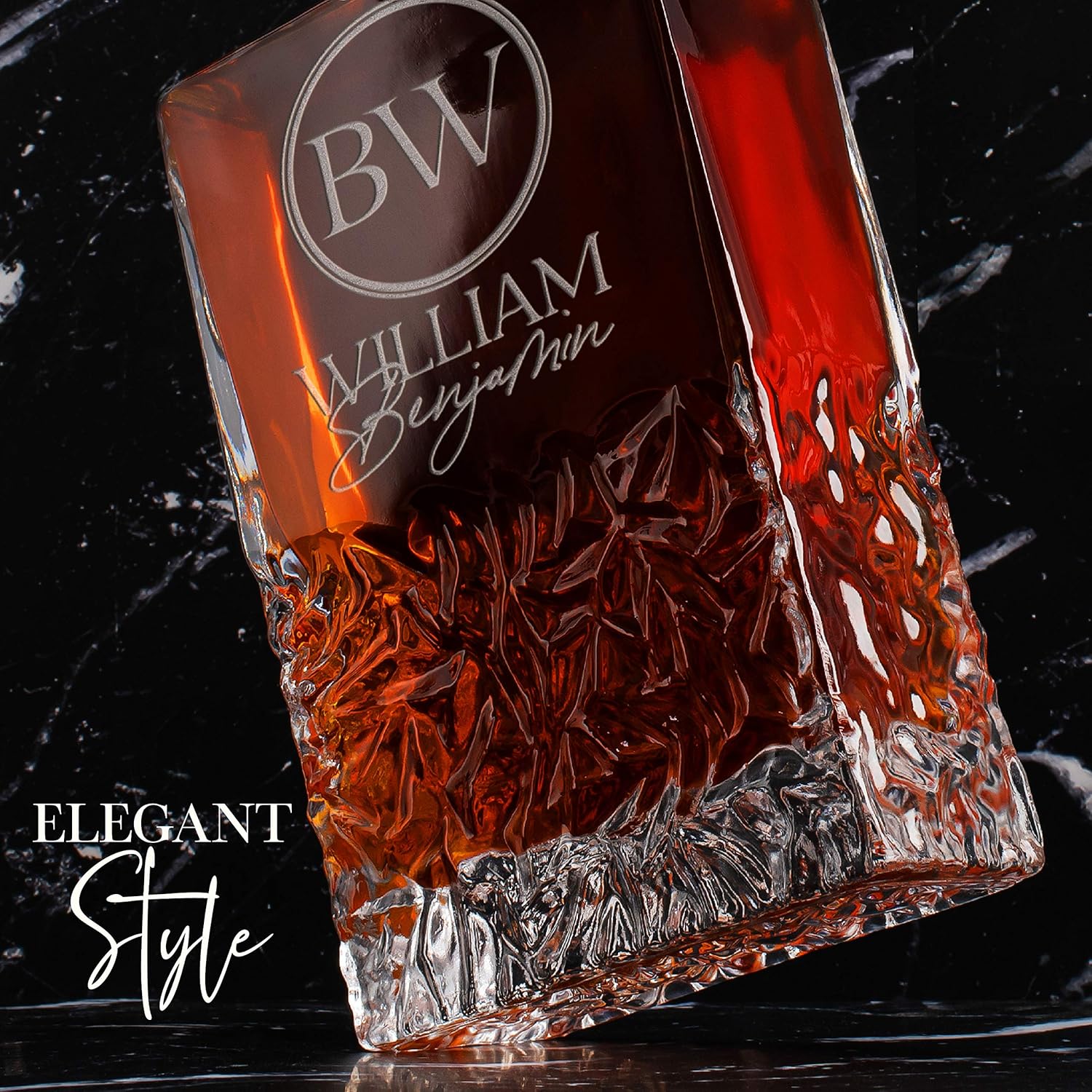 Amazing Items Personalized 5 pc Whiskey Decanter Set - 9 Design Options - Limited Edition, Custom Liquor Decanter | 27 oz, 800ml Decanter w/ 4pcs Whiskey Glass Set #2 Exquisite Rectangular - Image 3