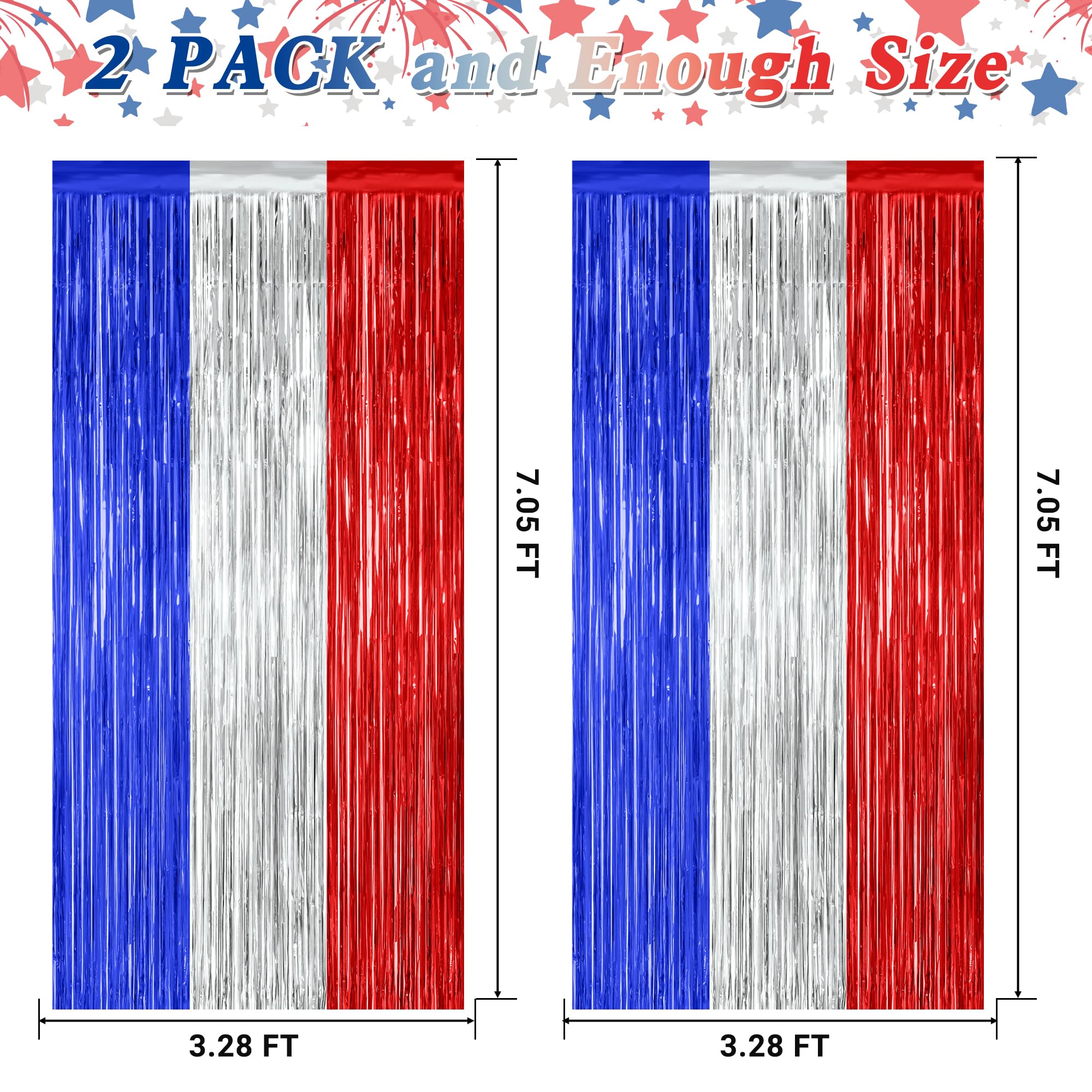 2 Pack 4th of July Party Supplies, 3.28 FT x 7.05 FT 4th of July Tinsel Backdrop, Blue Silver Red Color Fringe Curtains Streamer Backdrop, 4th of July Photo Backdrop Party Decorations