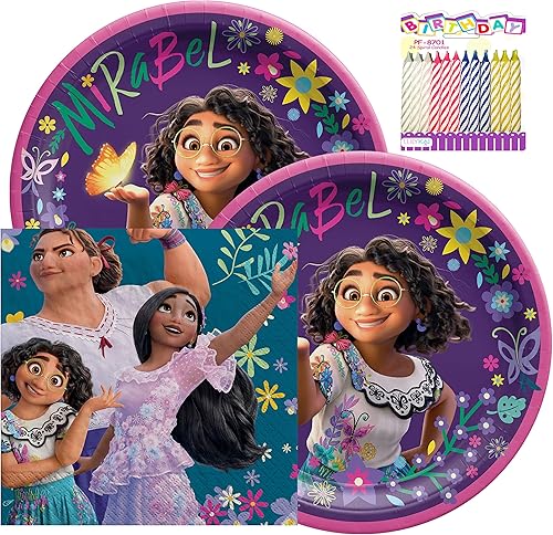 Disney Encanto Party Supplies Pack Sirve 16 Suministros para fiesta de cumpleaños Encanto Mirabel Platos y servilletas con vela de cumpleaños