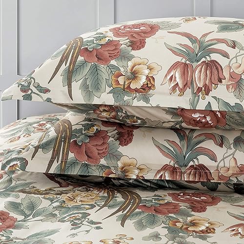 Miniatura 6 de Eikei Inicio Chinoiserie - Juego de ropa de cama de algodón de fibra larga estilizada vintage con diseño floral de pavo real y jardín paraíso