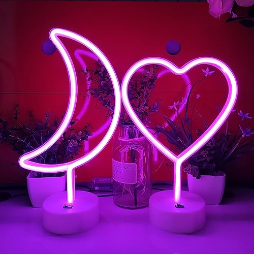 Miniatura 4 de JYWJ Letrero de neón de luna con base de soporte, luz de neón alimentada por USB o 3 pilas AA, decoración de mesa LED, decoración de pared de