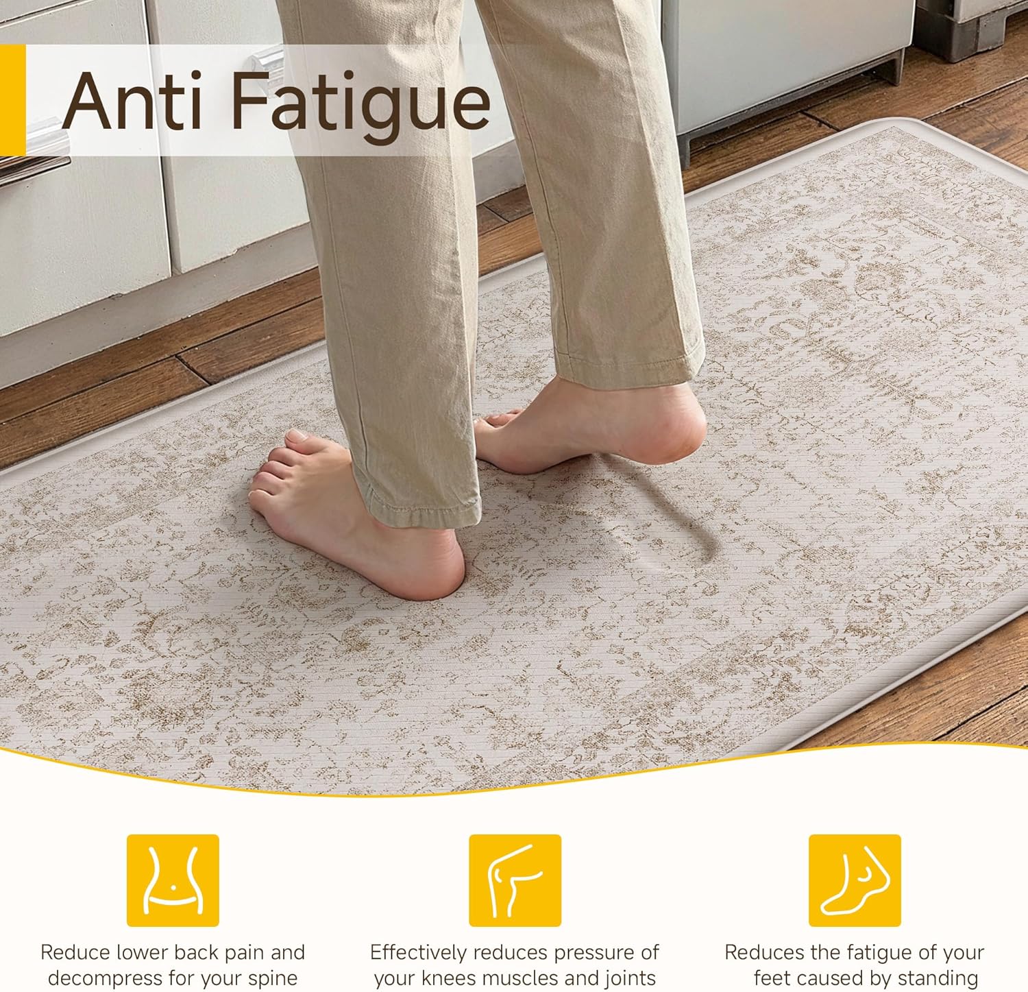 kitchen mats 2pcs anti fatigue cushioned mat light brown vintage kitchen mats for floor waterproof non slip comfort standing retro floral rug for sink laundry office 17.3"x59"+17.3"x30" accent | light brown 17.3"x59"+17.3"x30"--0.4inch