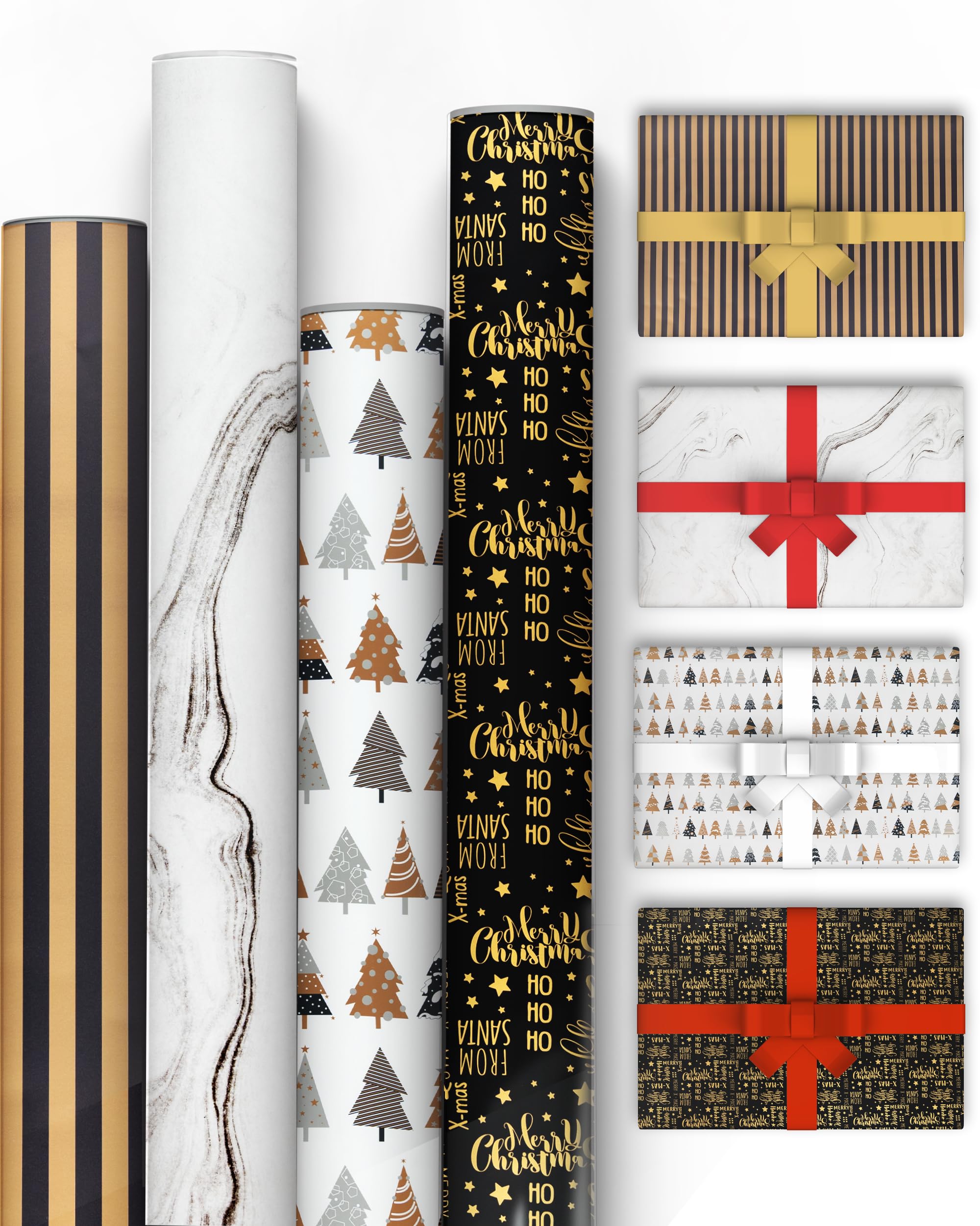 Kraft & Co Christmas Wrapping Paper - 4 Pack, Festive Design, 69cm x 8m