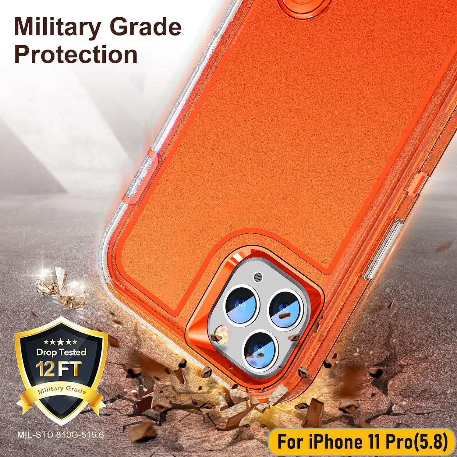 Case is Specially Designed for iPhone 11 Pro 5.8 Inch, Full Body Protection Heavy Duty Shock Absorbing 3 in 1 Silicone Rubber Built-in Stand with 2 Tempered Screen Protectors-Orange/Clear image 4