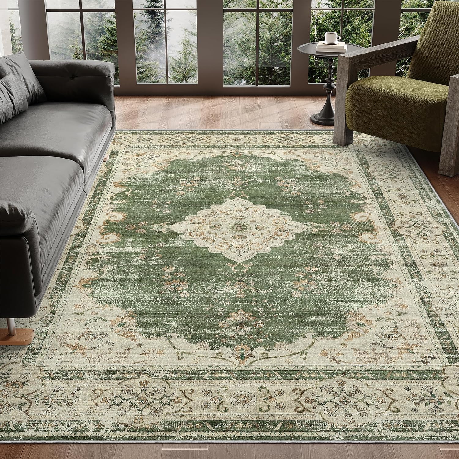 Tapis vintage traditionnel vert et beige lavable 100x160 cm