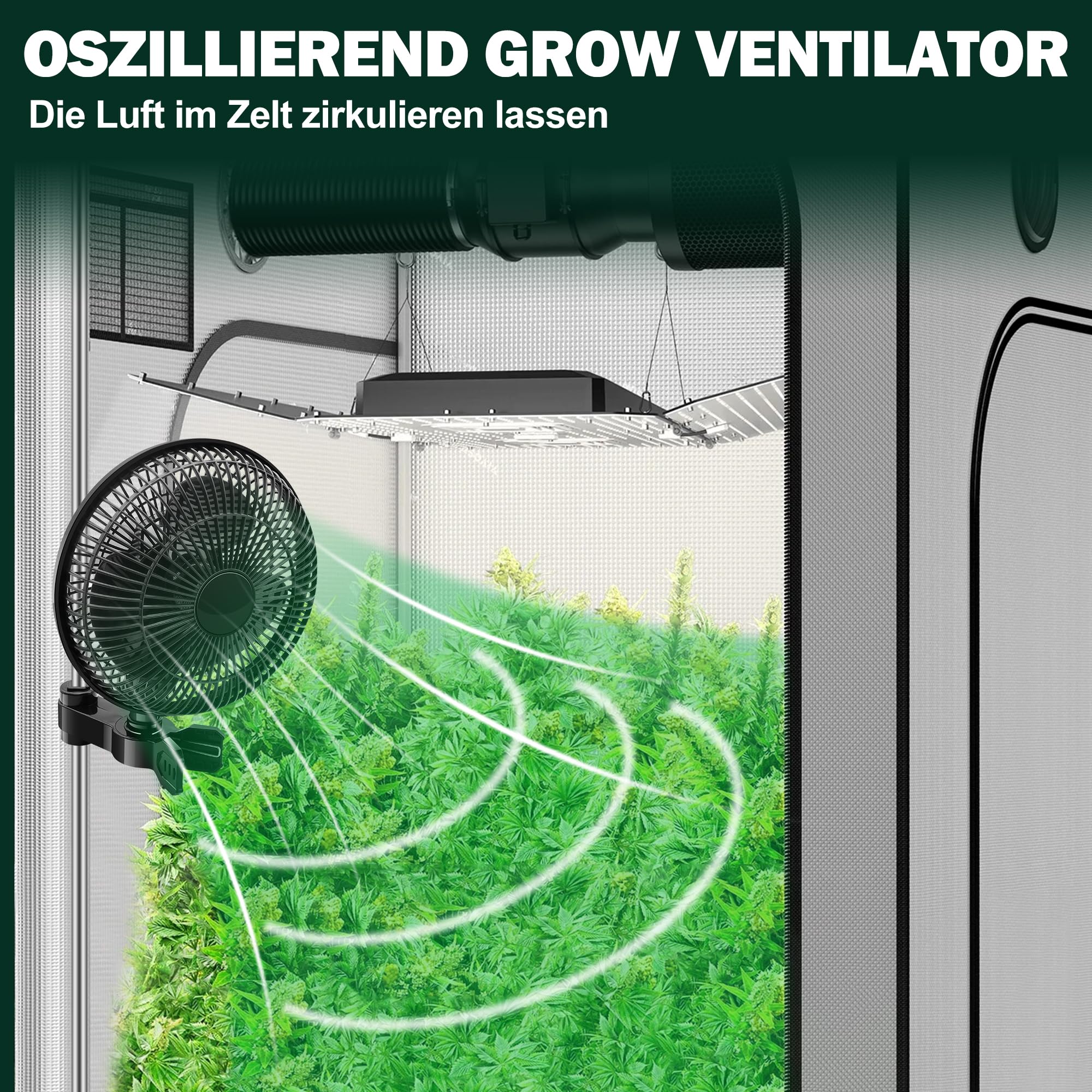 2 Stück Grow Ventilator mit Clip Oszillierend, 25W Clip Ventilator mit 2 Geschwind, Schwenkbar Grow Lüfter
