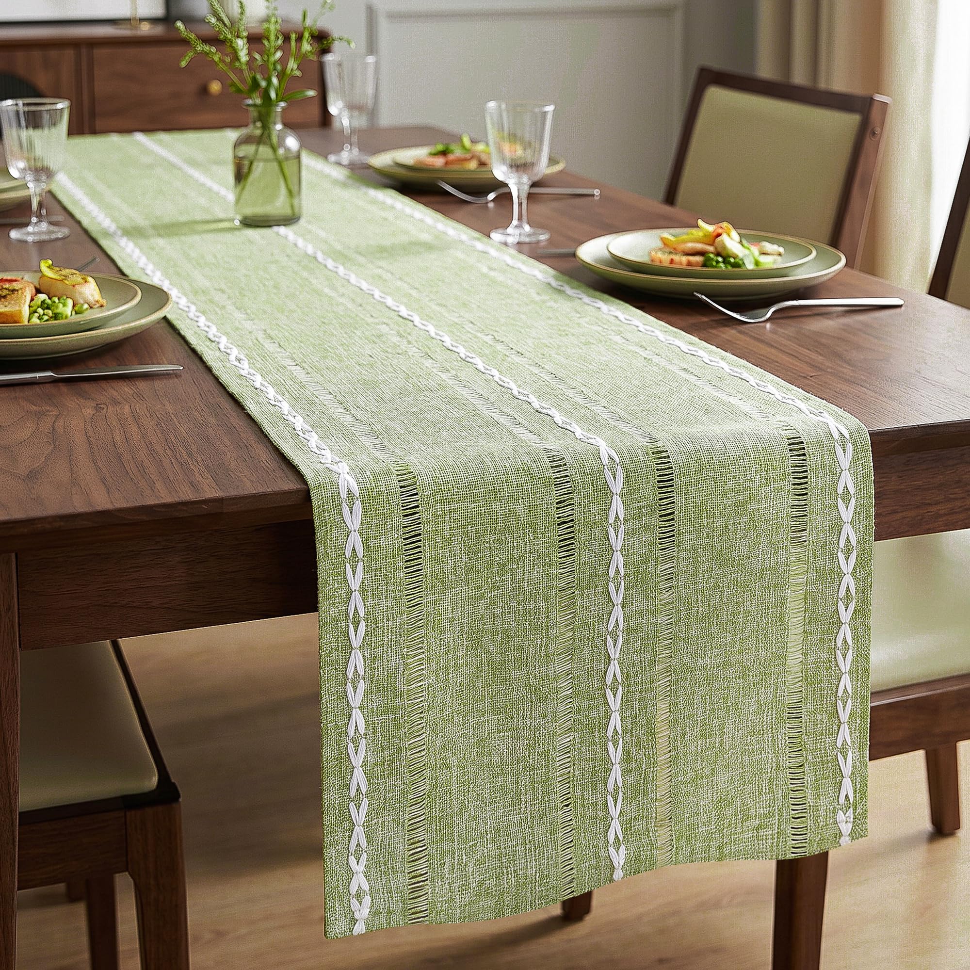 VIRETH HAUS Boho Table Runner Green 33x143 cm, Decorative Table Runner with Elegant Hollow-Out Design, Soft Washable Polyester Runner for 2-4 People, Wedding Birthday Baby Shower Dinner Farmhouse