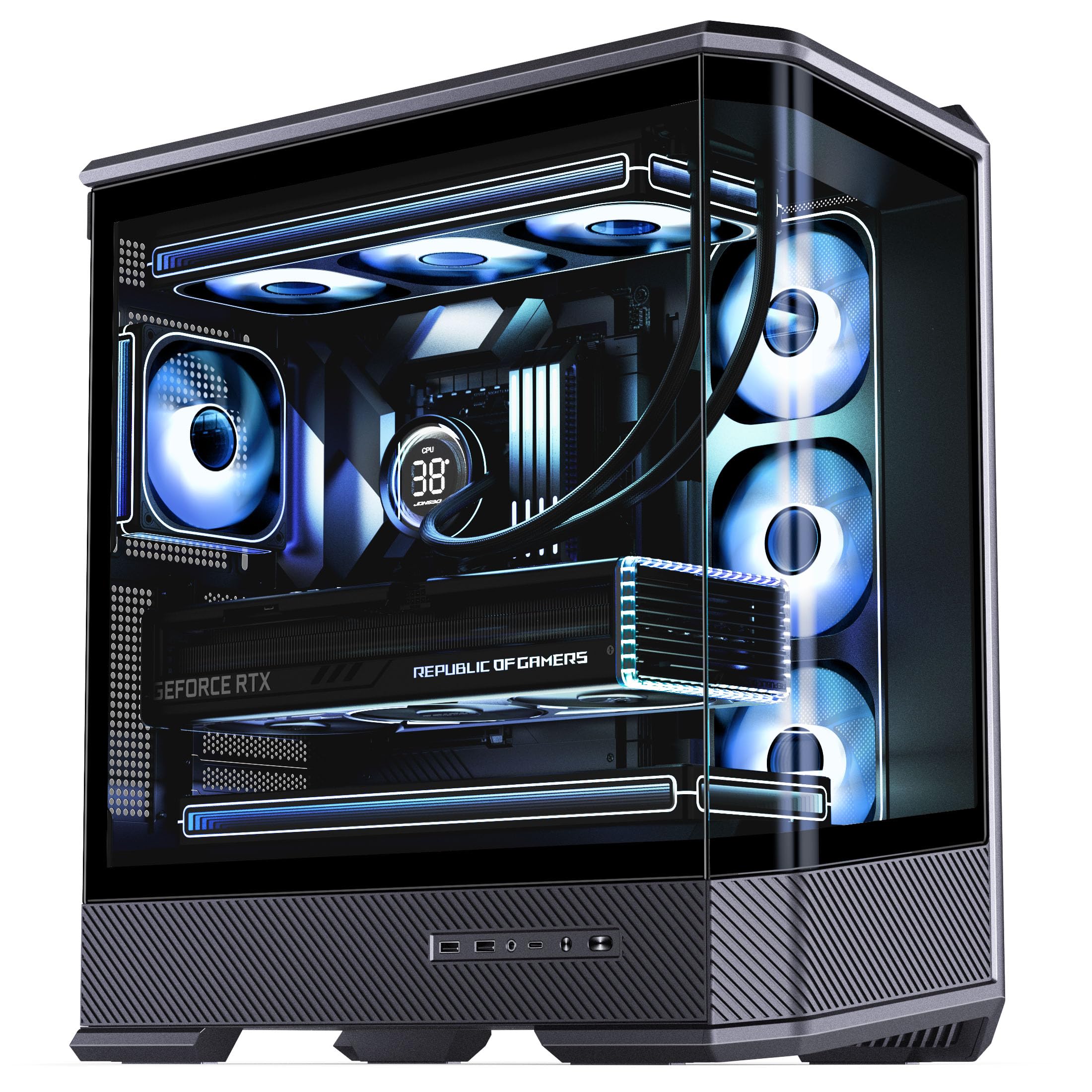 Jonsbo D400 obudowa PC czarna | ATX Midi-Tower z panoramicznym oknem 270°, podwójny grzejnik 360 mm, USB-C