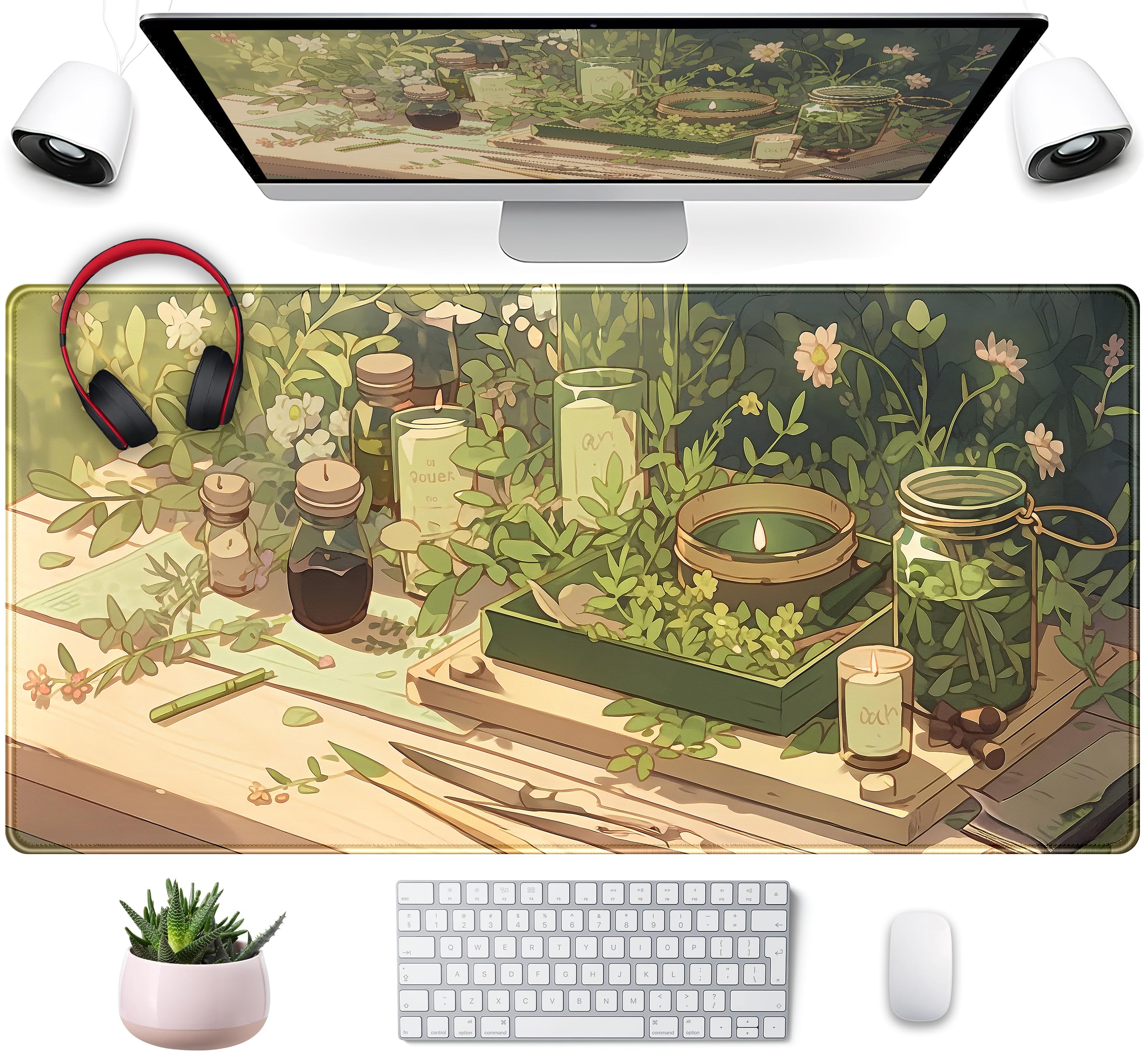 Cute Desk Mat Green Sage Mouse Pad Anime Forest XXL Large Extended Gaming Mousepad Desk Matt for Desktop