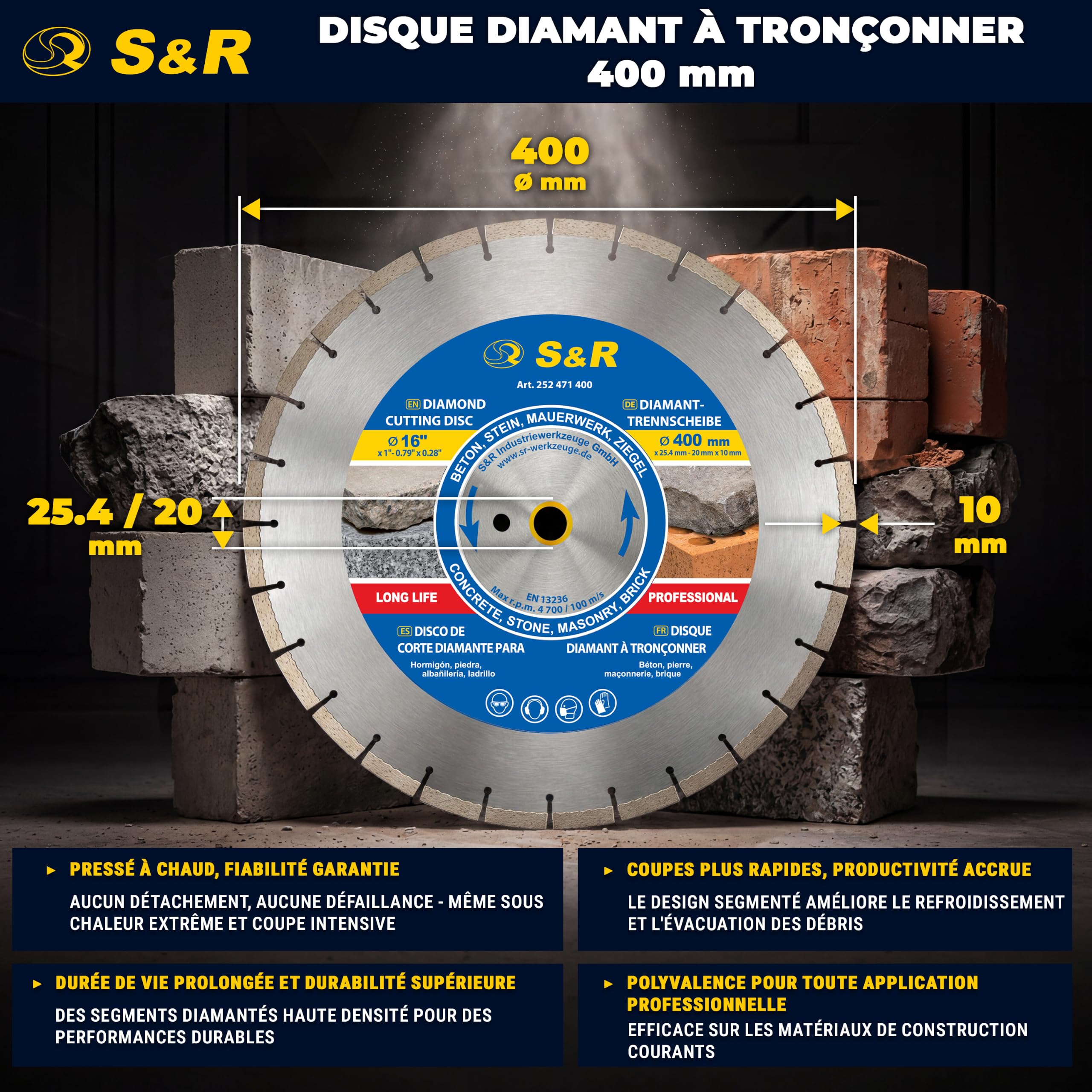 S&R Disque diamant 400 mm Béton. Disque Meuleuse 400 à tronçonner couper | Pour Béton - Pierre - Brique - Maçonnerie - Alésage 25,4 mm - Coupe à sec et à eau - Segments 10 mm