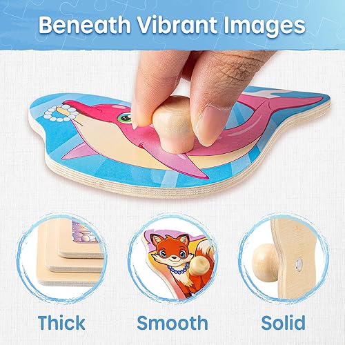 Miniatura 4 de SYNARRY Wooden Puzzles for Toddlers 1-3, 6XSET Toddlers Puzzles Ages 1-3 with Rack, Learning Alphabet Number Shape Unicorn Princess Mermaid Animal,