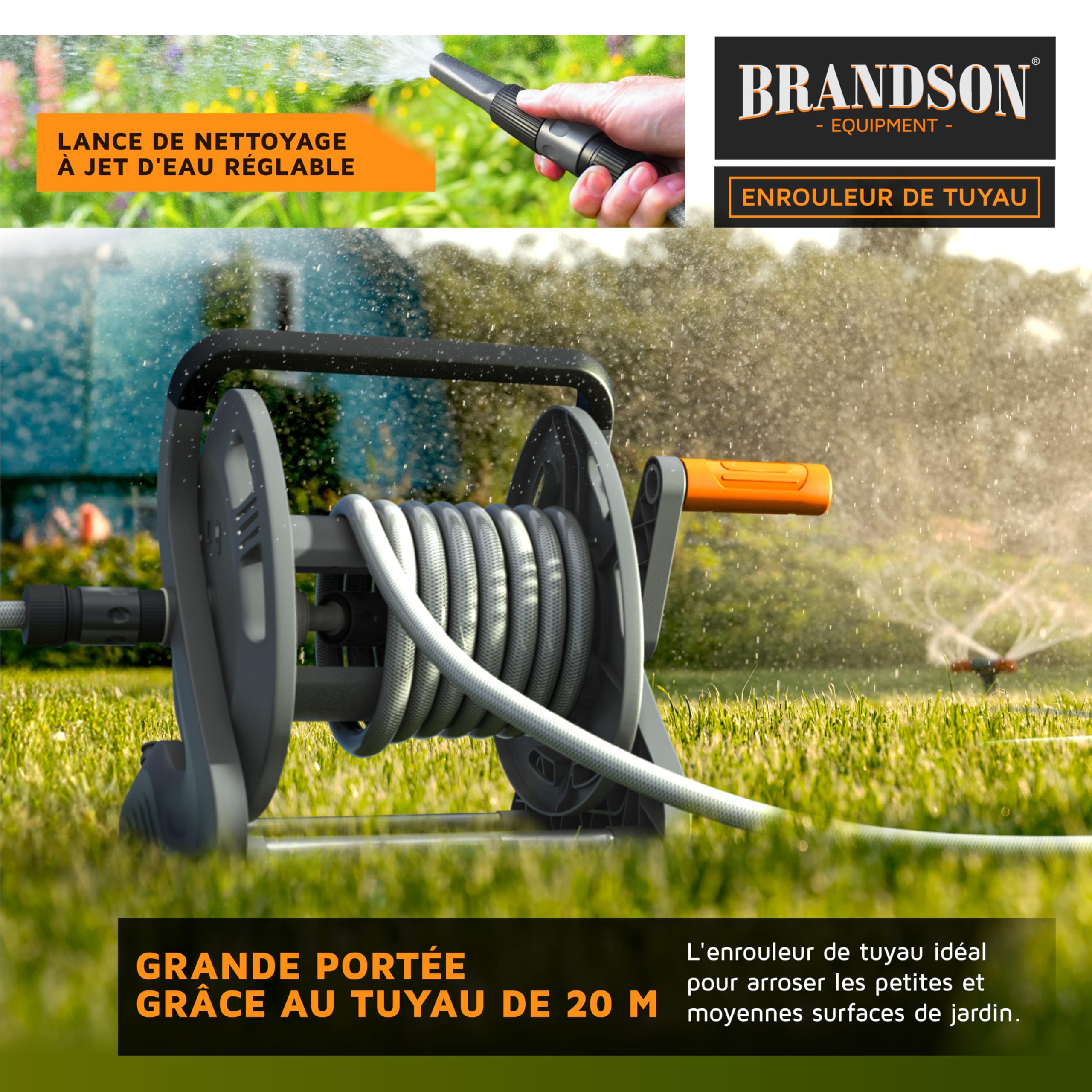 Brandson - Enrouleur Tuyau arrosage de 20 mètres, Enrouleur mobile de tuyau de jardin avec 20 m de tuyau, 2 m d'alimentation, Support mural, Manivelle, Pulvérisateur de nettoyage