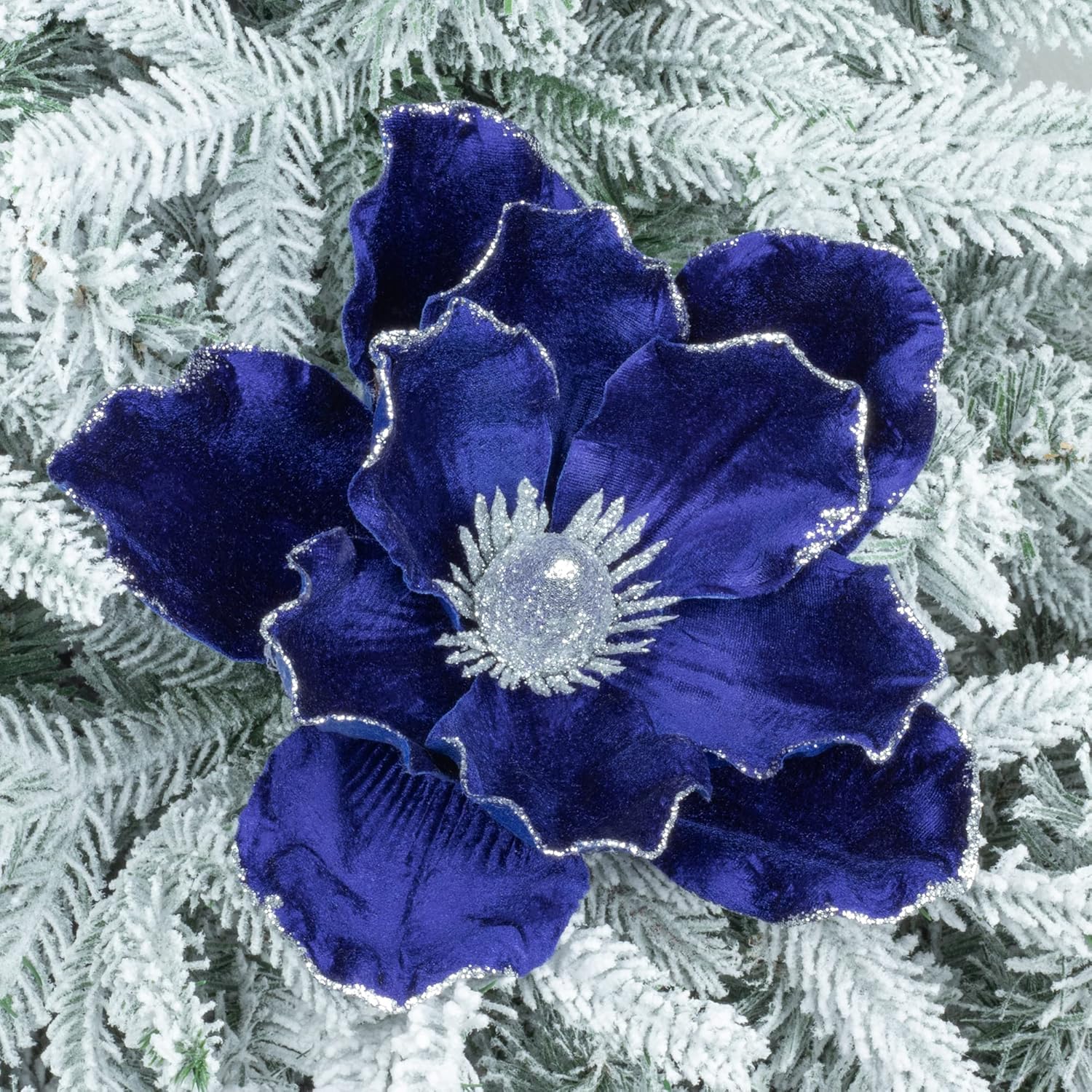 KI Store Blue Velvet Magnolia Flowers Pack of 6 Oversize Artificial Christmas Poinsettia Floral Picks Stems for Xmas Tree Wedding Centerpiece Decorations