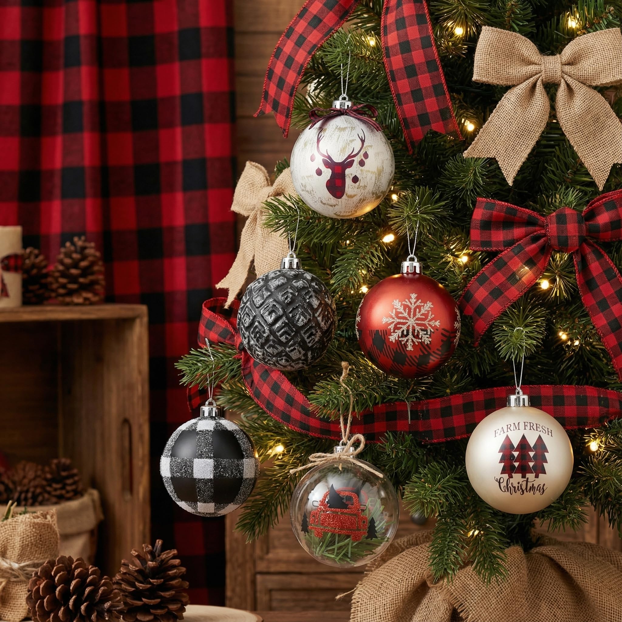 Valery Madelyn Lot de 16 boules de Noël incassables rouges et noires pour sapin de Noël, 8,9 cm, ornement décoratif à suspendre en vrac pour décoration de fête de Noël