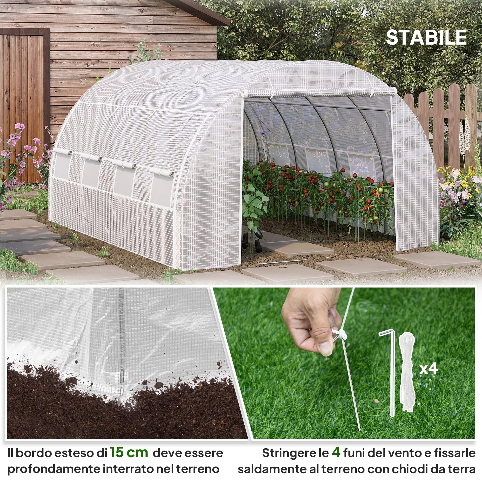 Outsunny Serra da Giardino a Tunnel 3.97x3x2 m con Porte Avvolgibili e Finestre, Serra per Orto con Struttura in Acciaio Zincato e Copertura PE, per Orto Verdure Fiori, Bianco