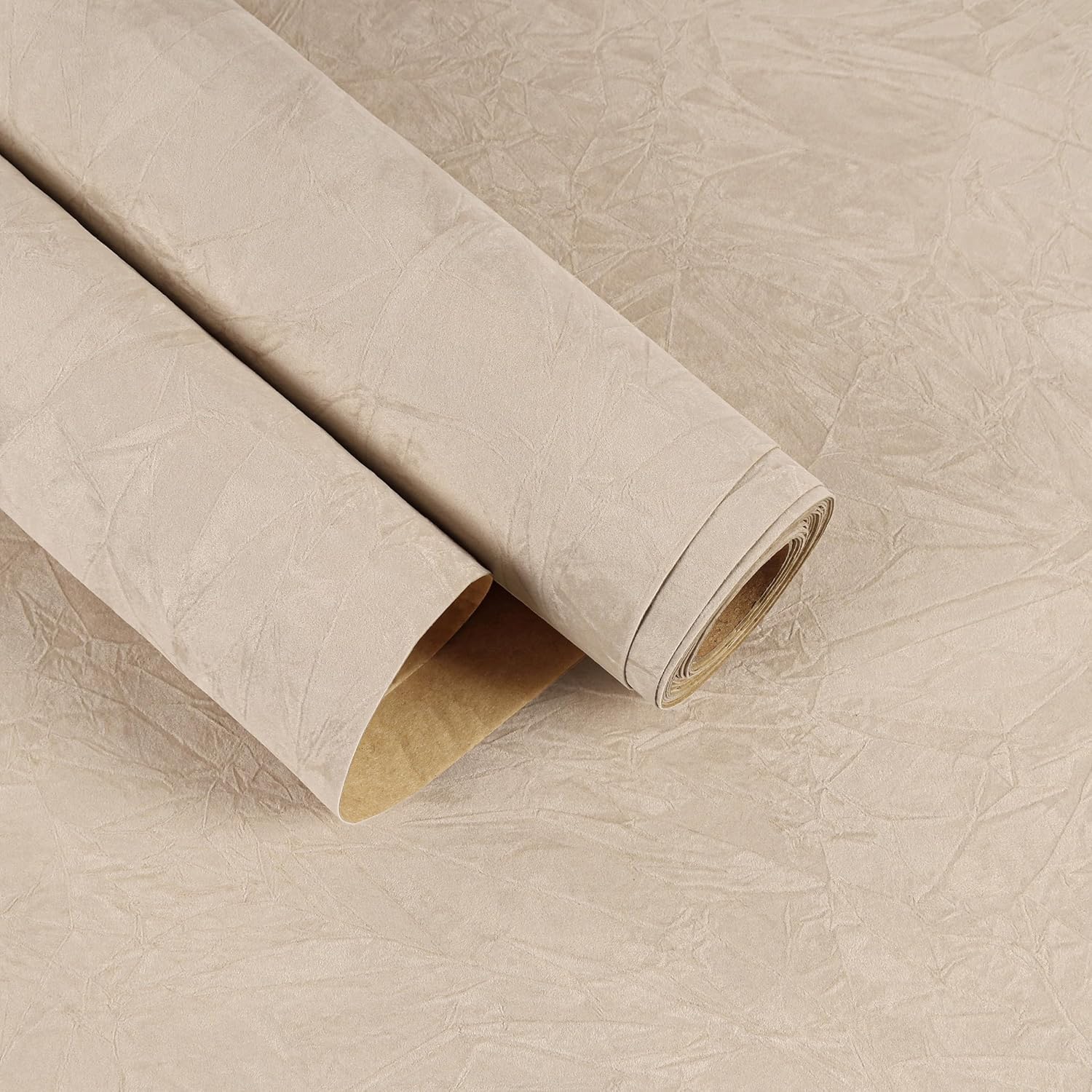 Beige Crushed Velvet Drawer Liners for Jewelry Box 15.7"x160" Self Adhesive Velvet Flocking Liner Fabric Wallpaper Peel and Stick Plush Felt Sheets Beige Contact Paper for Bedroom Dresser