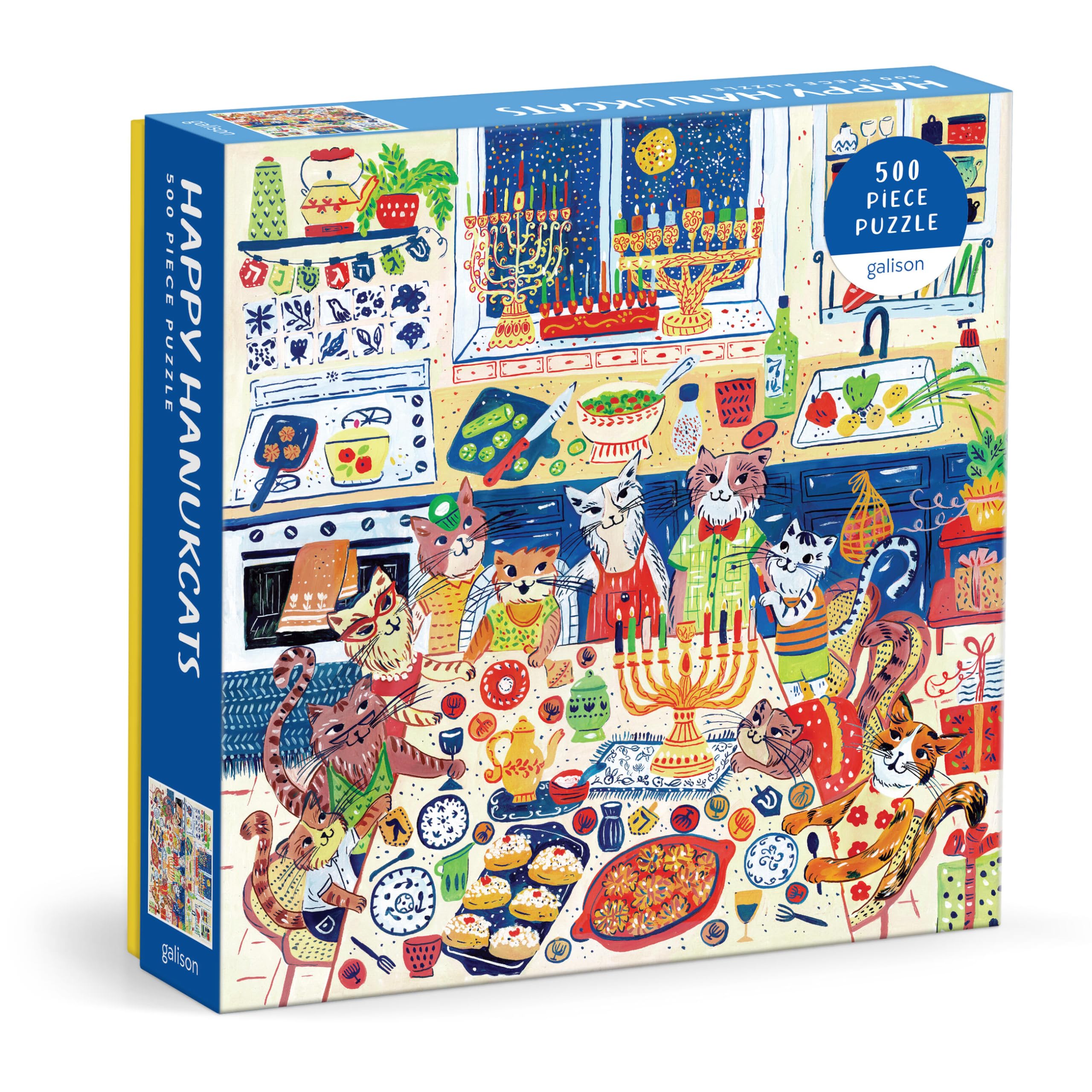 Galison Happy Hanukcats  500 Piece Jigsaw Puzzle Featuring Charming Artwork Of Cats Getting Ready To Celebrate Hanukkah