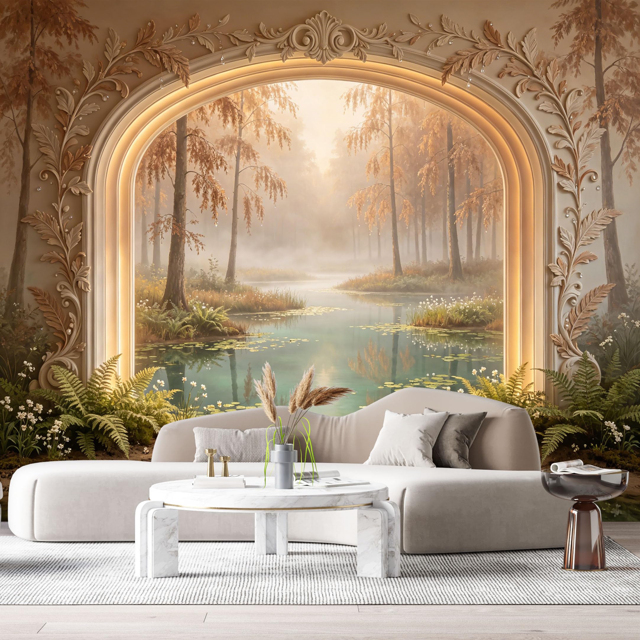Custom Size Wall Mural Autumn Forest Lake Neoclassical Arch 3D Trompe L'Oeil SelfAdhesiveWall Fabric Removable Wallpaper Wall Decor for Living Room Bedroom Bathroom
