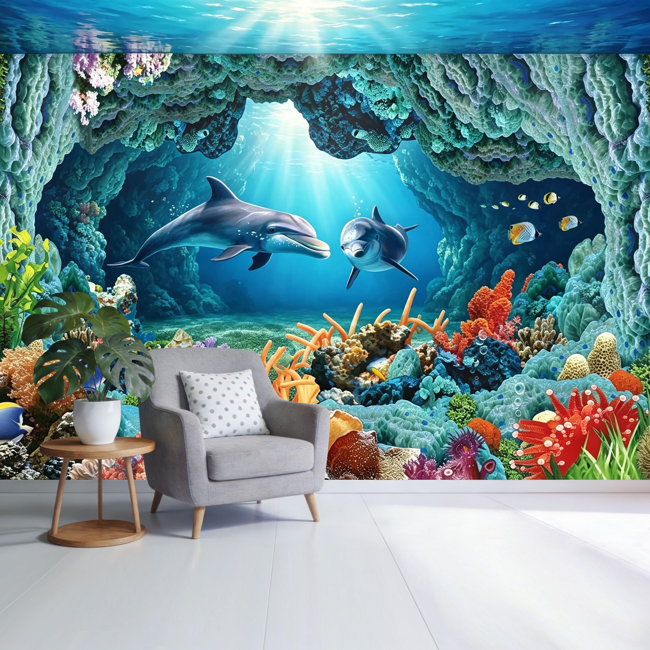 Custom Size Wall Mural Underwater Dolphin Coral Reef 3D Trompe L'Oeil Removable Self Adhesive Fabric，Home Wall Decor for Living Room Bedroom Bathroom Background Mural