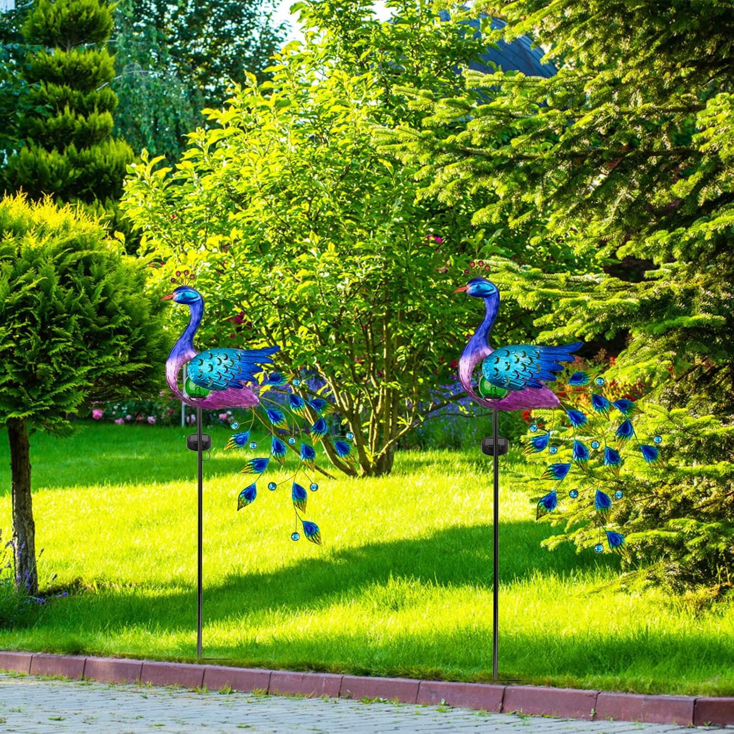 DREAMSOUL Peacock Solar Light(14" W x 38" H) & Peacock Solar Light with Crackle Glass Ball Lights(16.5" W x 40.1" H)