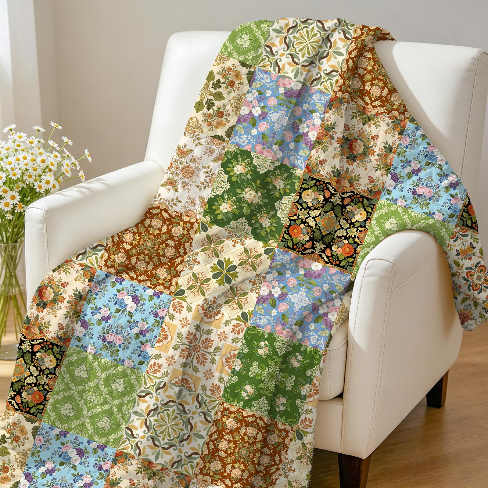 GLOBLELAND Plaid Matelassé à Motif Floral Patchwork (30) x 59cm Kaki Clair Léger et Réversible pour Canapé Fauteuil Lit Bureau Ou Chambre. Idéal comme Cadeau.