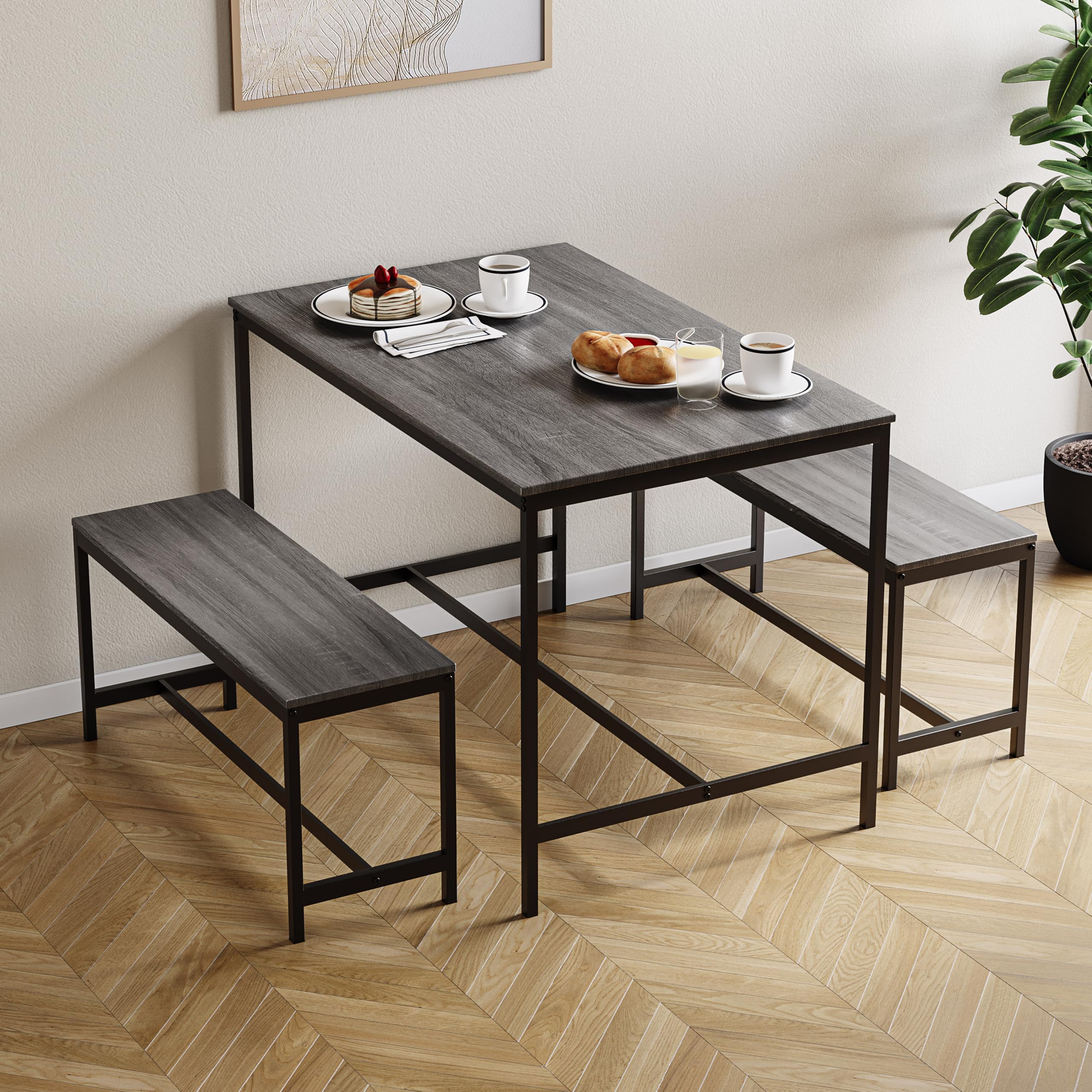 Vida Designs Roslyn 4 Seater Dining Set | Grey | 3 Piece Dining Room Complete Set | 75H x 110W x 70D cm | with 2 Benches | Rustic | Solid Metal Frame | Industrial Design — image 1