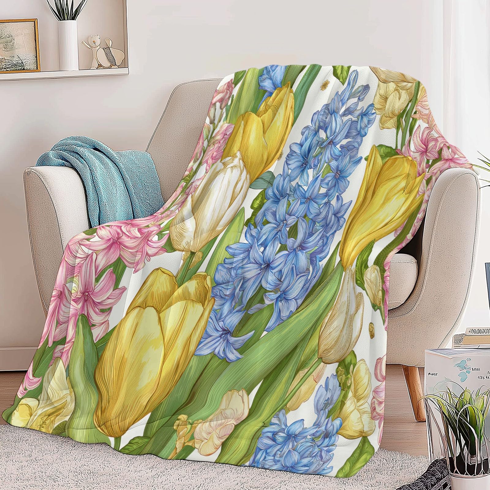 Genérico Amarillo Manta de Franela Polar, 220 x 240 cm Manta Cálida de Invierno, Suave, Esponjosa y Cálida con Estampado Retro Flores Hojas Vitalidad - Manta para Cama Colcha y Sofá