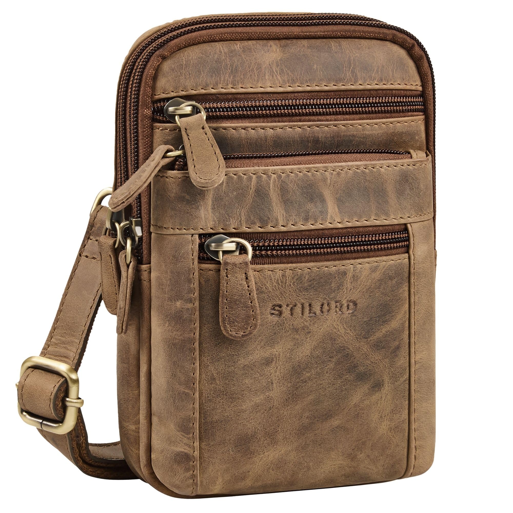STILORD Tamo 4-en-1 Petit Sacoche Homme Cuir Veritable - Sac Banane Cuir, Sac de Poitrine & Mousqueton - Vintage Sacs Portés épaule Pochette Bandoulière Telephone Couleur:Marron Moyen