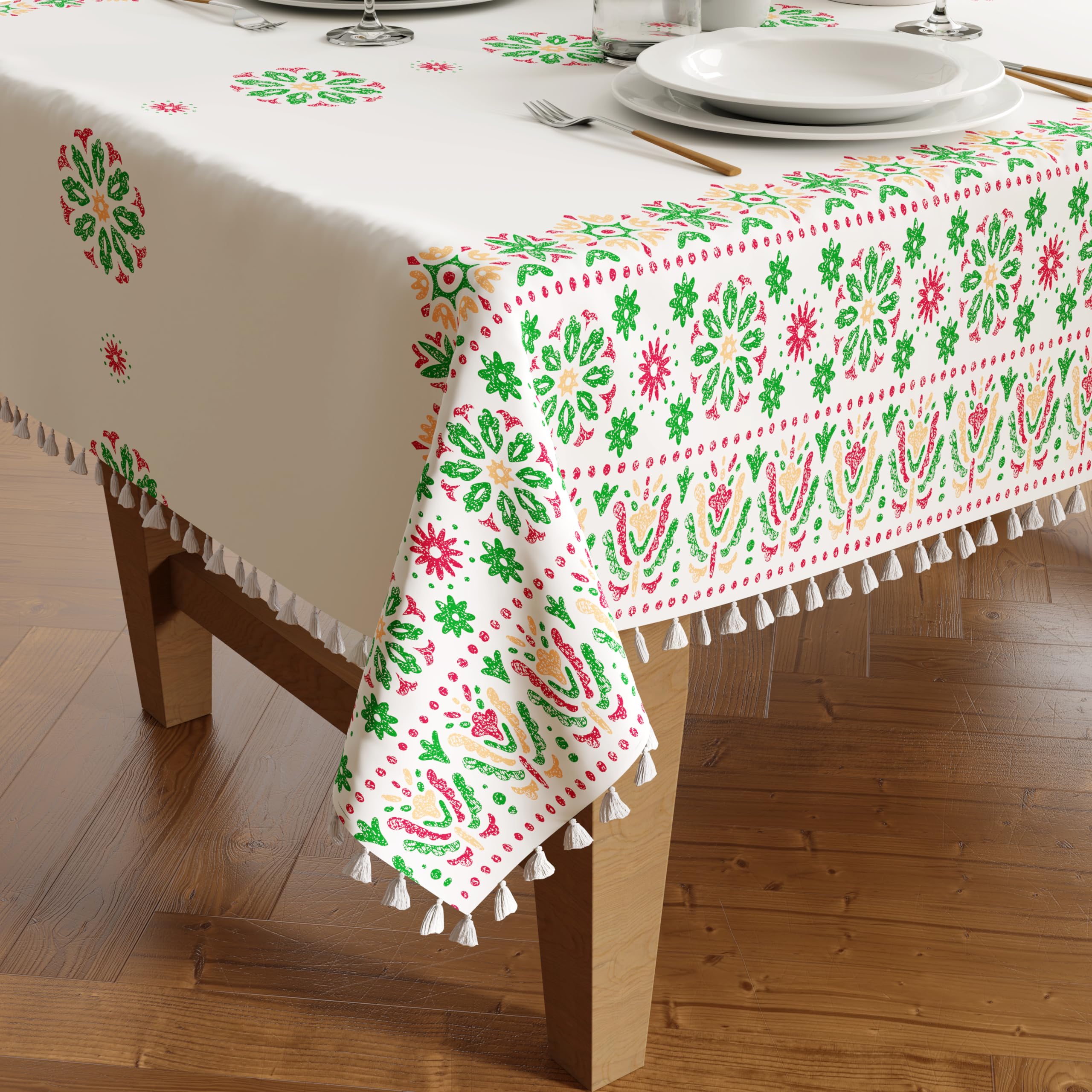 Encasa XO Dining Table Cover Cloth – 6 to 8 Seater, 140x240 cm Silky Polyester Rectangular Table Cloth | Machine Washable Tablecover for Indoor & Outdoor Use - Printed Boho Bright Green with Tassels