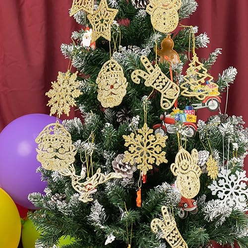 Miniatura 6 de Juego de 42 decoraciones para árbol de Navidad, adornos colgantes con purpurina dorada, copo de nieve, árbol de Navidad, muñeco de nieve, reno, Papá