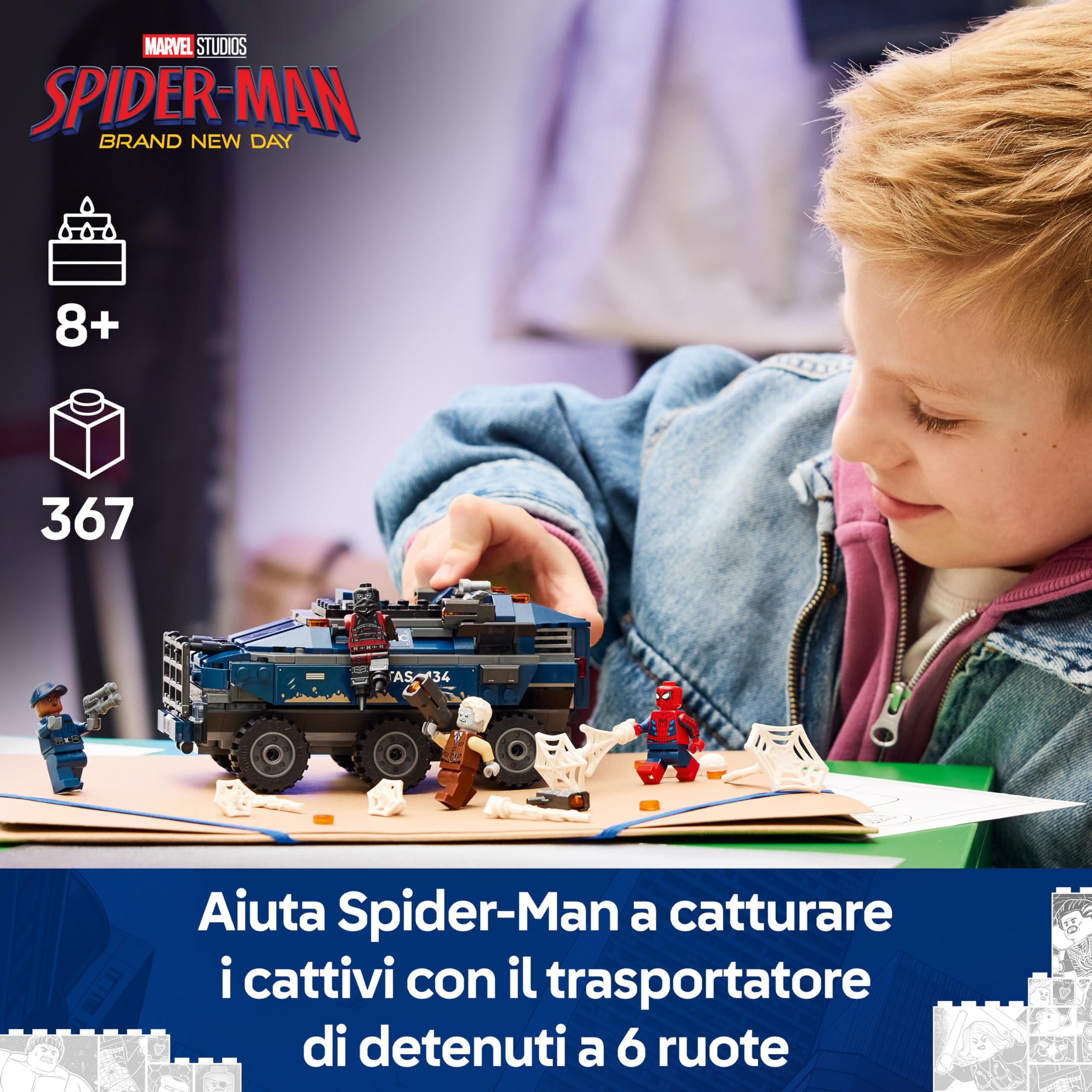 LEGO | Marvel Spider-Man: Inseguimento del Trasportatore di Detenuti - Giocattolo da Supereroi con Macchina Blindata e 4 Minifigure tra cui Lapide e Tarantula - Regalo per Bambini da 8 Anni - 76349