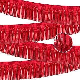 4 Pack 10 Feet Glitter Red Parade Float Decorations for Trailer Car, Glitter Foil Fringe Metallic Tinsel Streamers Banner Garland for Graduation Weeding Homecoming Birthday Party (Glitter- Red)