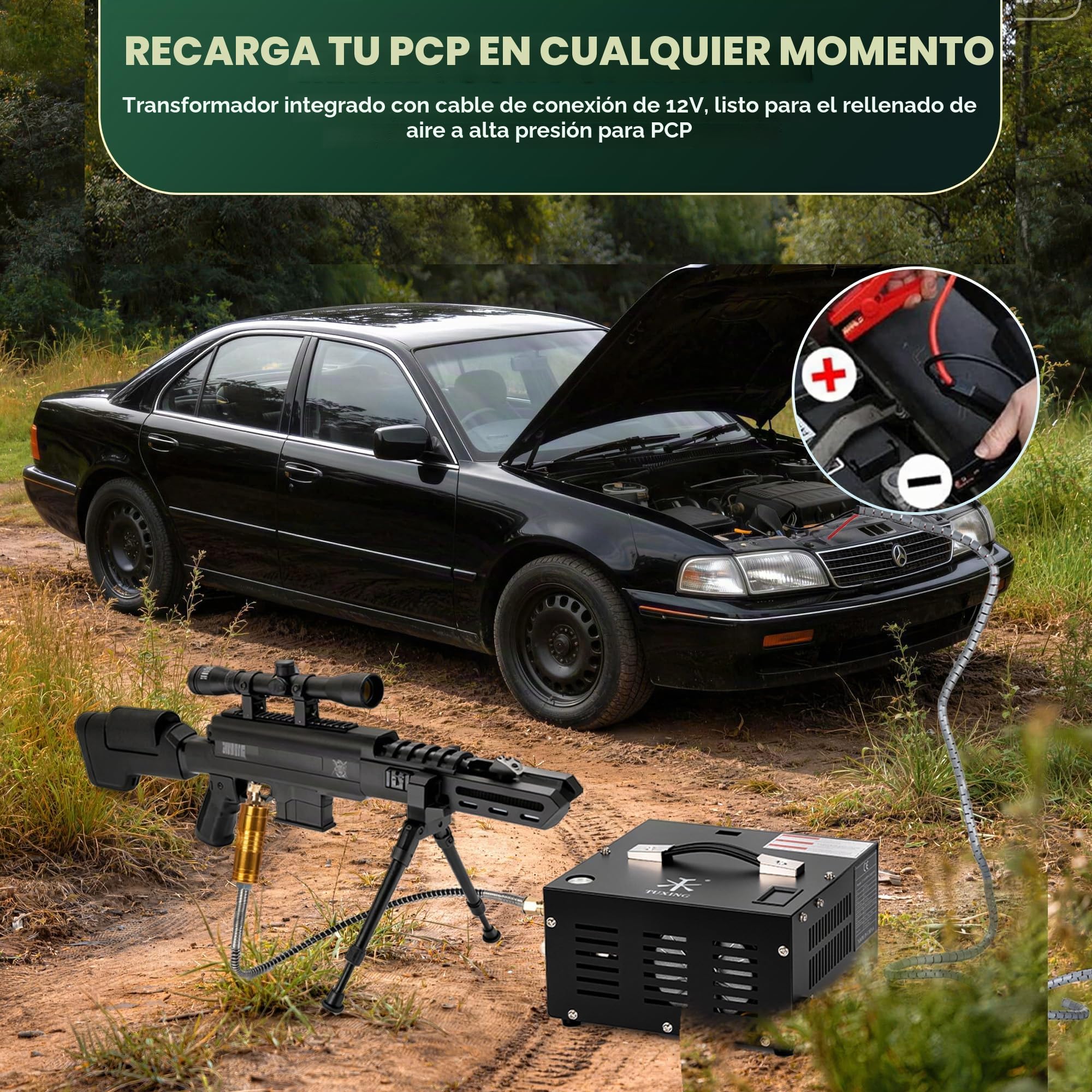 Compresor de aire TUXING Pcp, 4500 Psi 30 Mpa, sin aceite/agua, alimentado por coche 12 V CC o hogar 110 V CA con adaptador (incluido), bomba para rifles de aire PCP y pistolas de aire (TXES061)