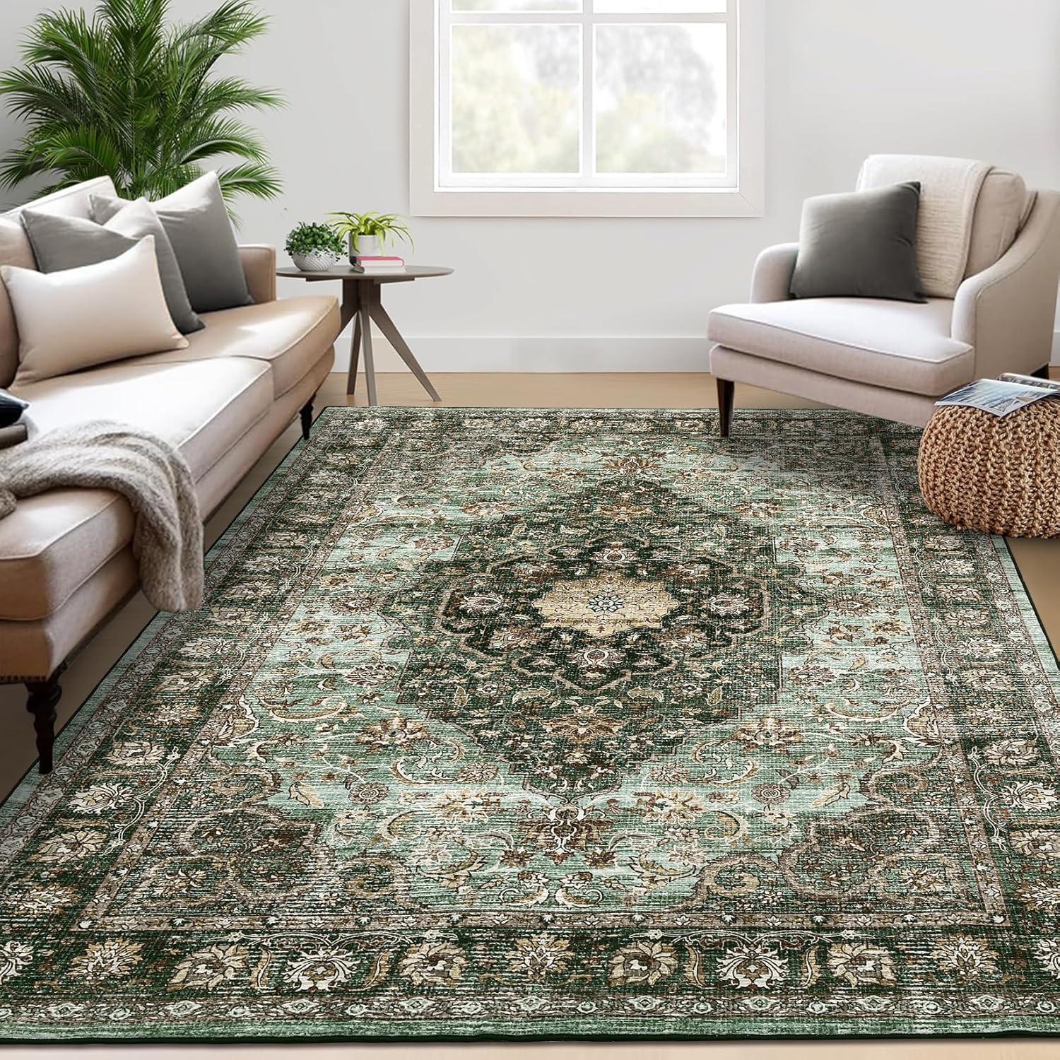 Green Floral 2' x 6' Washable Non-Slip Runner Rug