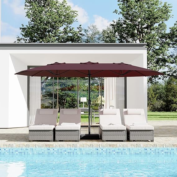 15 Ft Large Patio Umbrella with Base Included, Outdoor Double-Sided Rectangle Umbrella with Crank Handle, Outdoor Umbrella for Backyard, Pool, Patio,