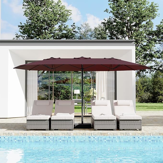 15 Ft Large Patio Umbrella with Base Included, Outdoor Double-Sided Rectangle Umbrella with Crank Handle, Outdoor Umbrella for Backyard, Pool, Patio,