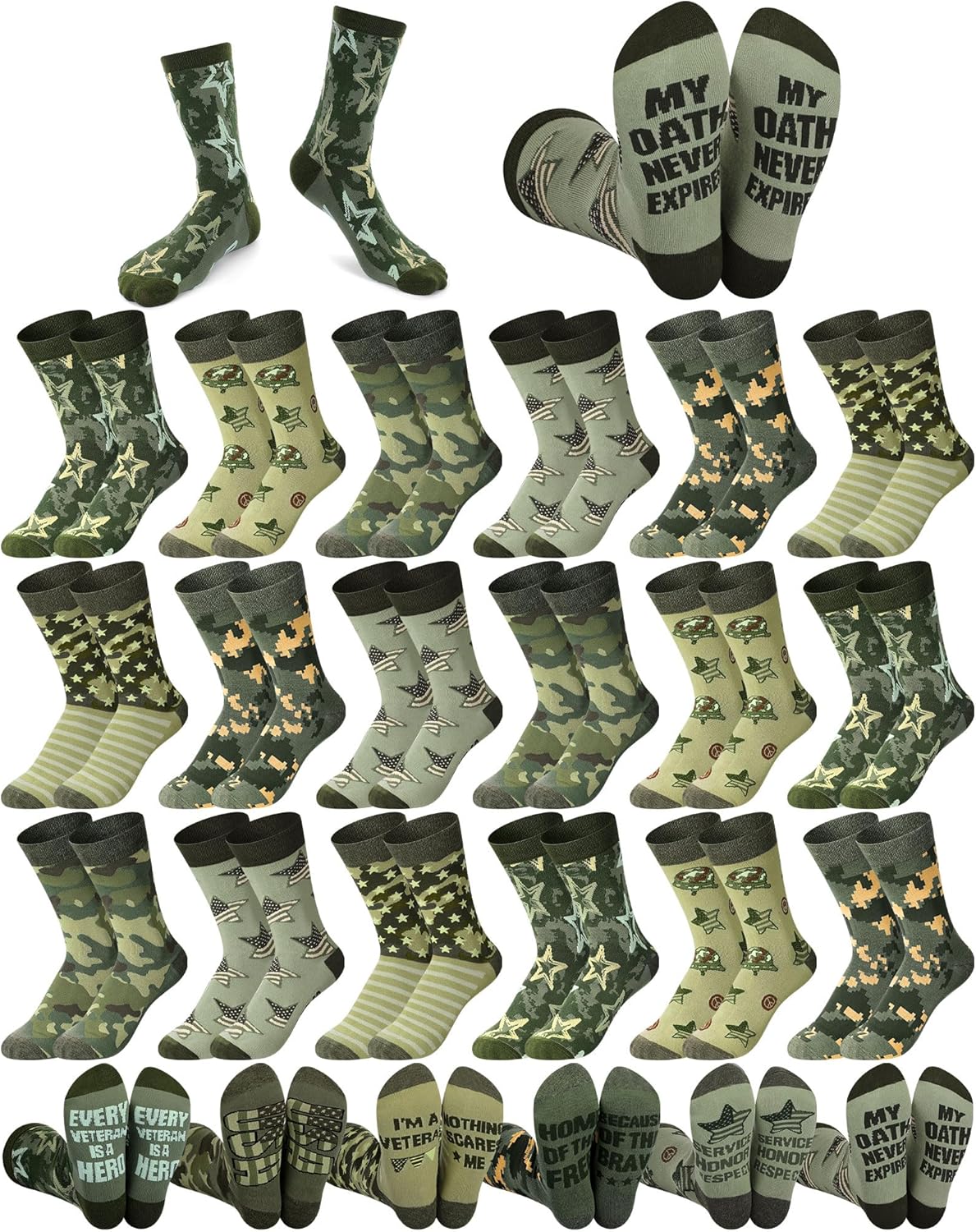 24 Pairs Military Camo Socks for Men Novelty Camouflage Army Cotton Crew Socks for Military Fans Gift Christmas Stocking Stuffer