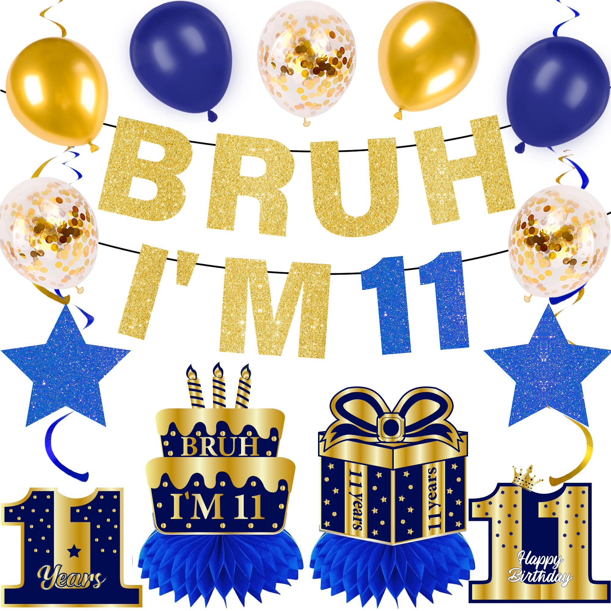 11th Birthday Decorations Balloon Boy - 15 Pcs Blue Gold Glitter Bruh I'm 11 Banners Hanging Swirls Honeycomb Table Decoration Balloons for Boys Happy 11th Birthday Party Decor Supplies