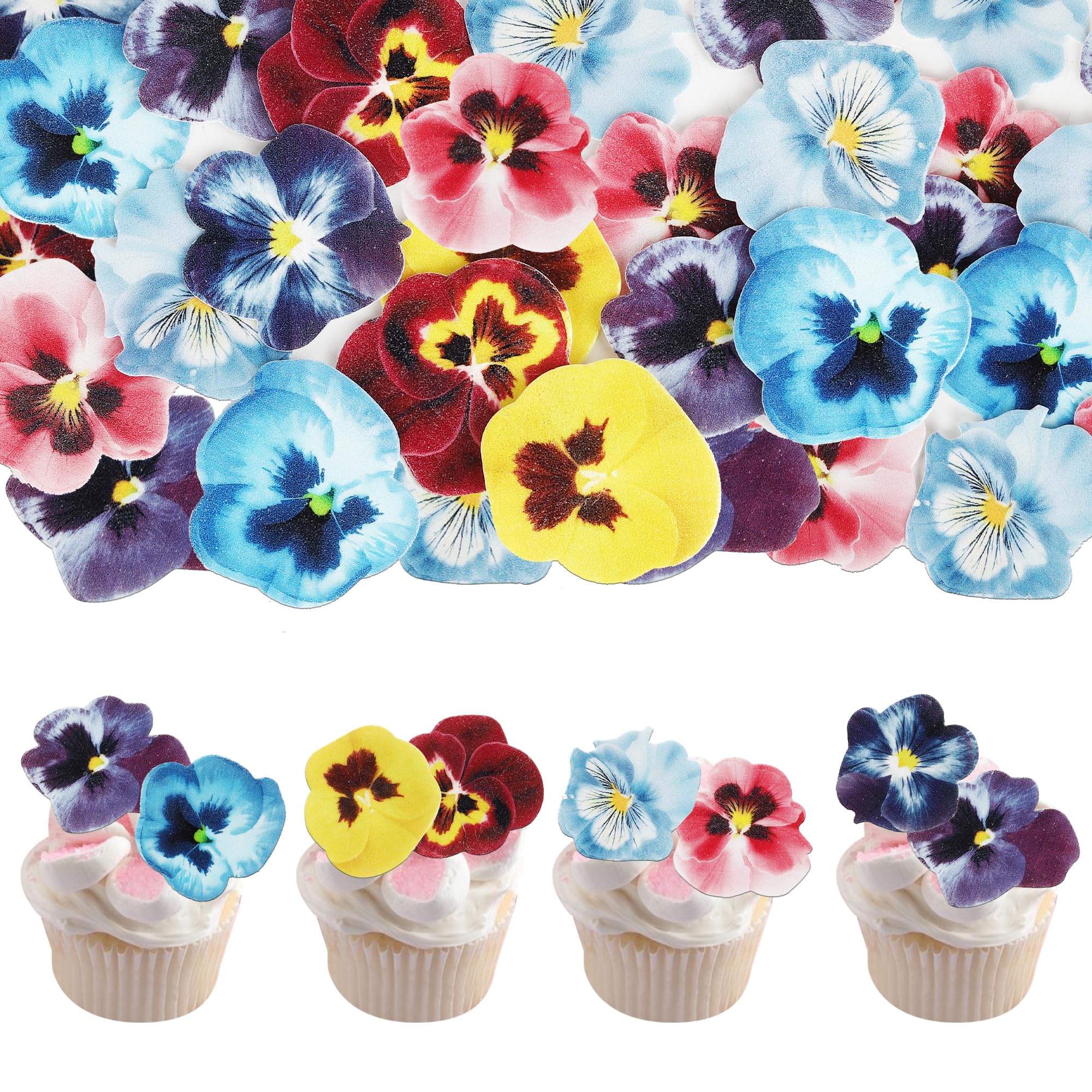 60 PCS Edible Flowers Cupcake Toppers Edible Spring Bridal Engagement Pansies Cake Decorations Wafer Paper Flowers Cupcake Picks for Baby Shower Kids Birthday Party Cake Food Decorations Supplies